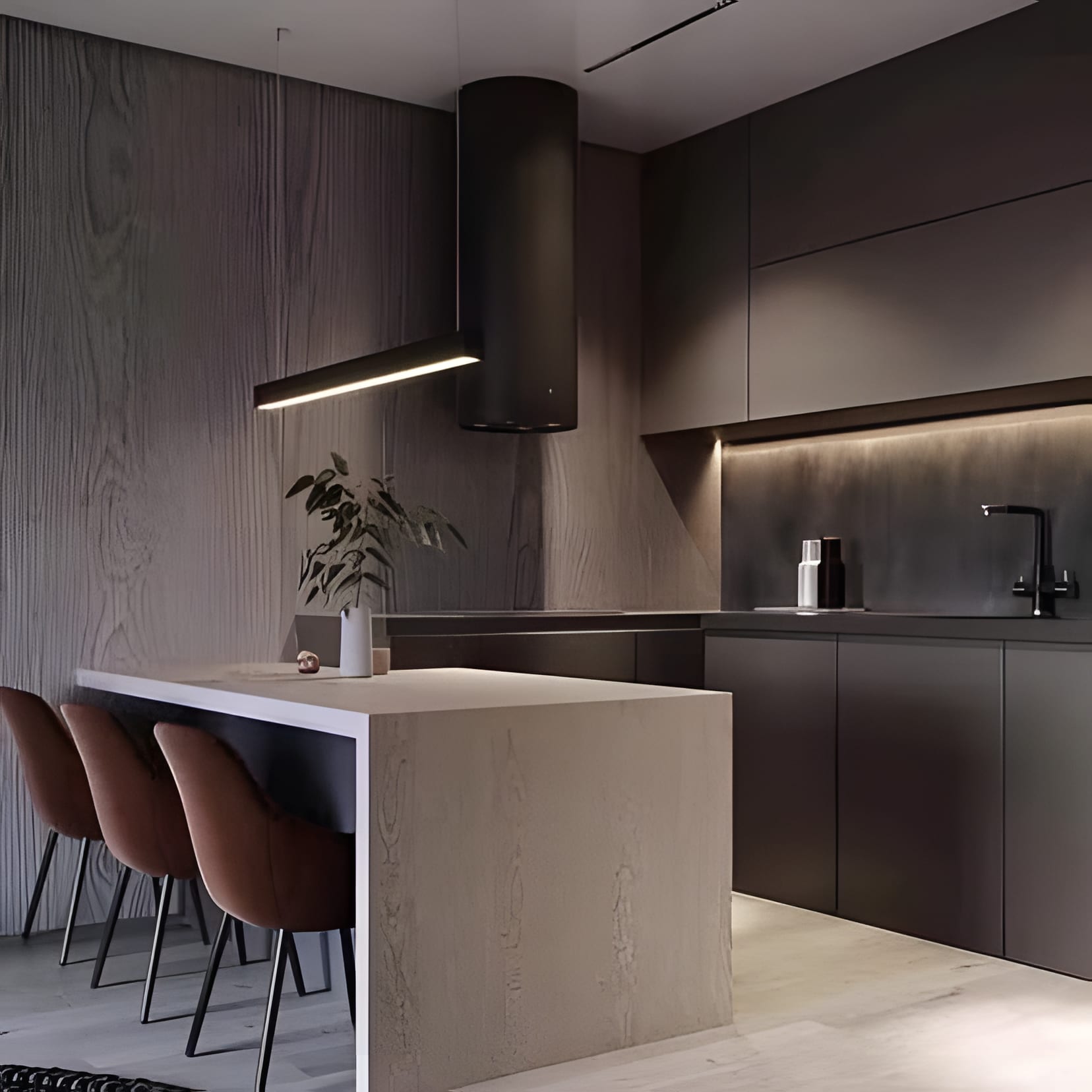 Dark walnut and black cabinetry with a white stone bar and rust-leather stools.