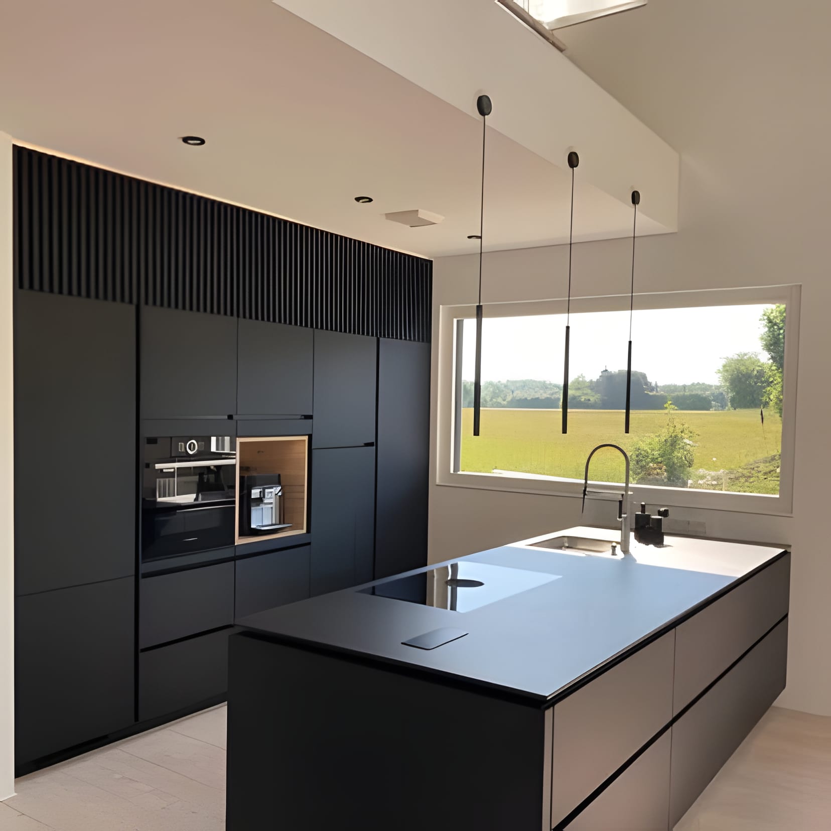 A minimalist black island facing a wall of glass and a green meadow — the kitchen stays out of the way.