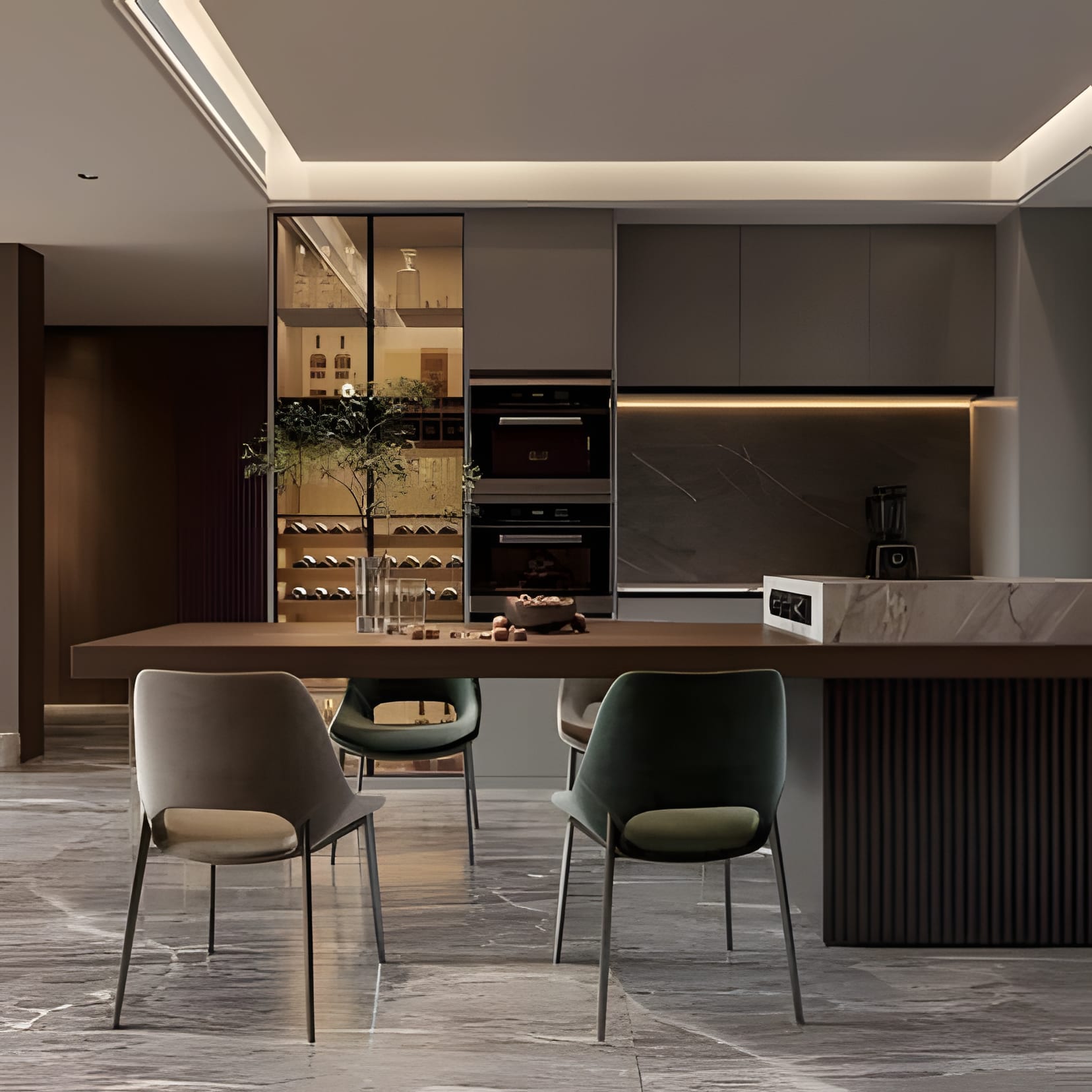 Ceiling-height wood units with an amber-lit glass cabinet and an island table for two.