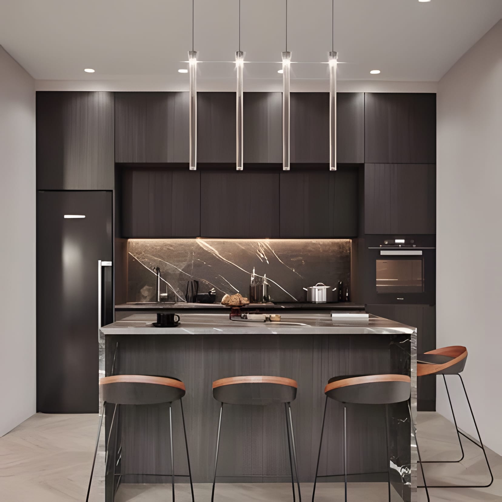 A brown-grey kitchen with a marble backsplash and three stools at the island, warm as its name.