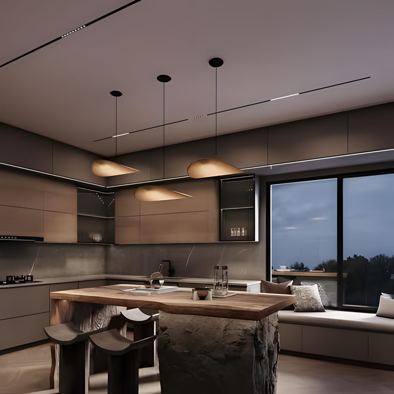A rustic stone-topped island with bench seating, the evening window glowing behind.
