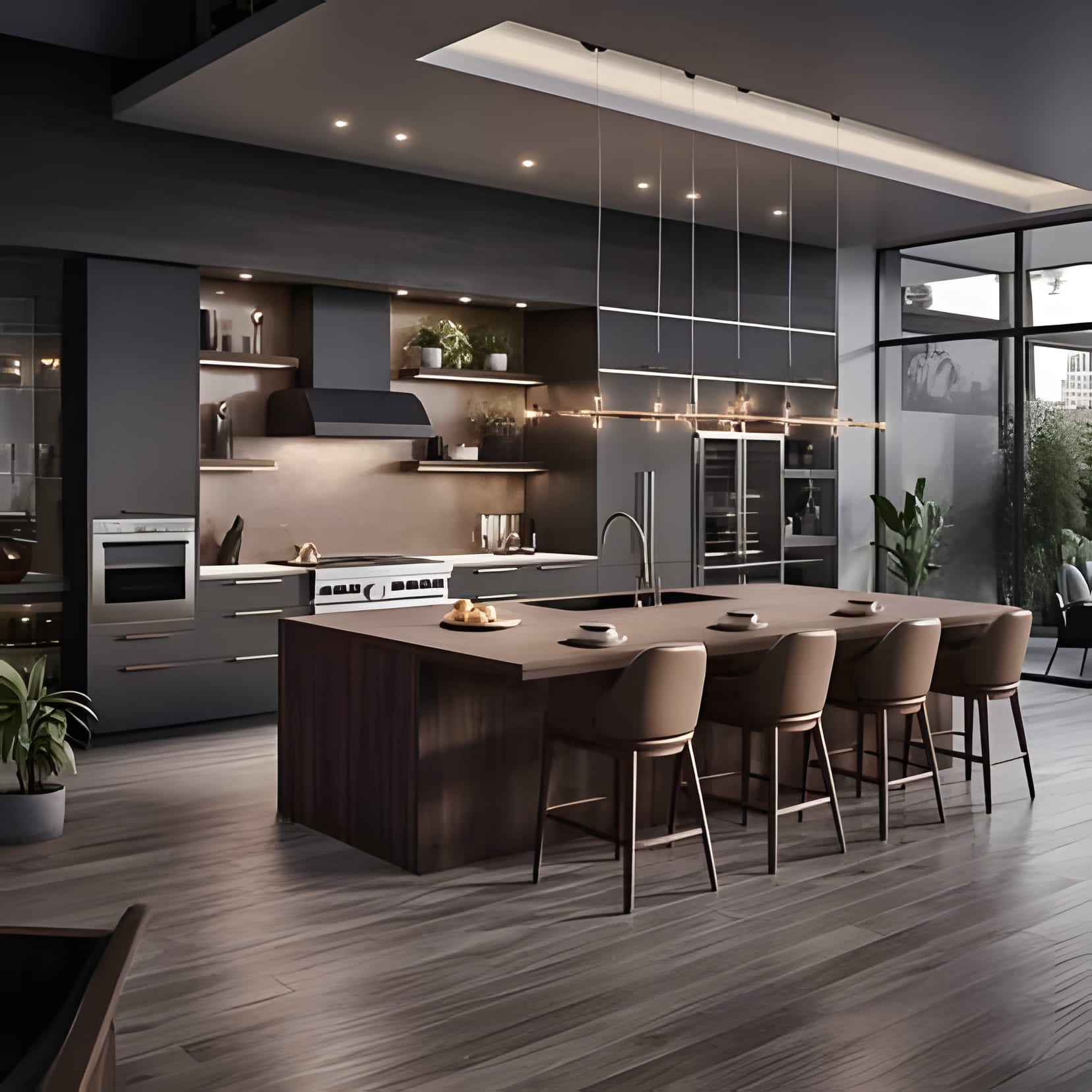 A big espresso-wood island with leather stools under spotlights — a kitchen made for late dinners.