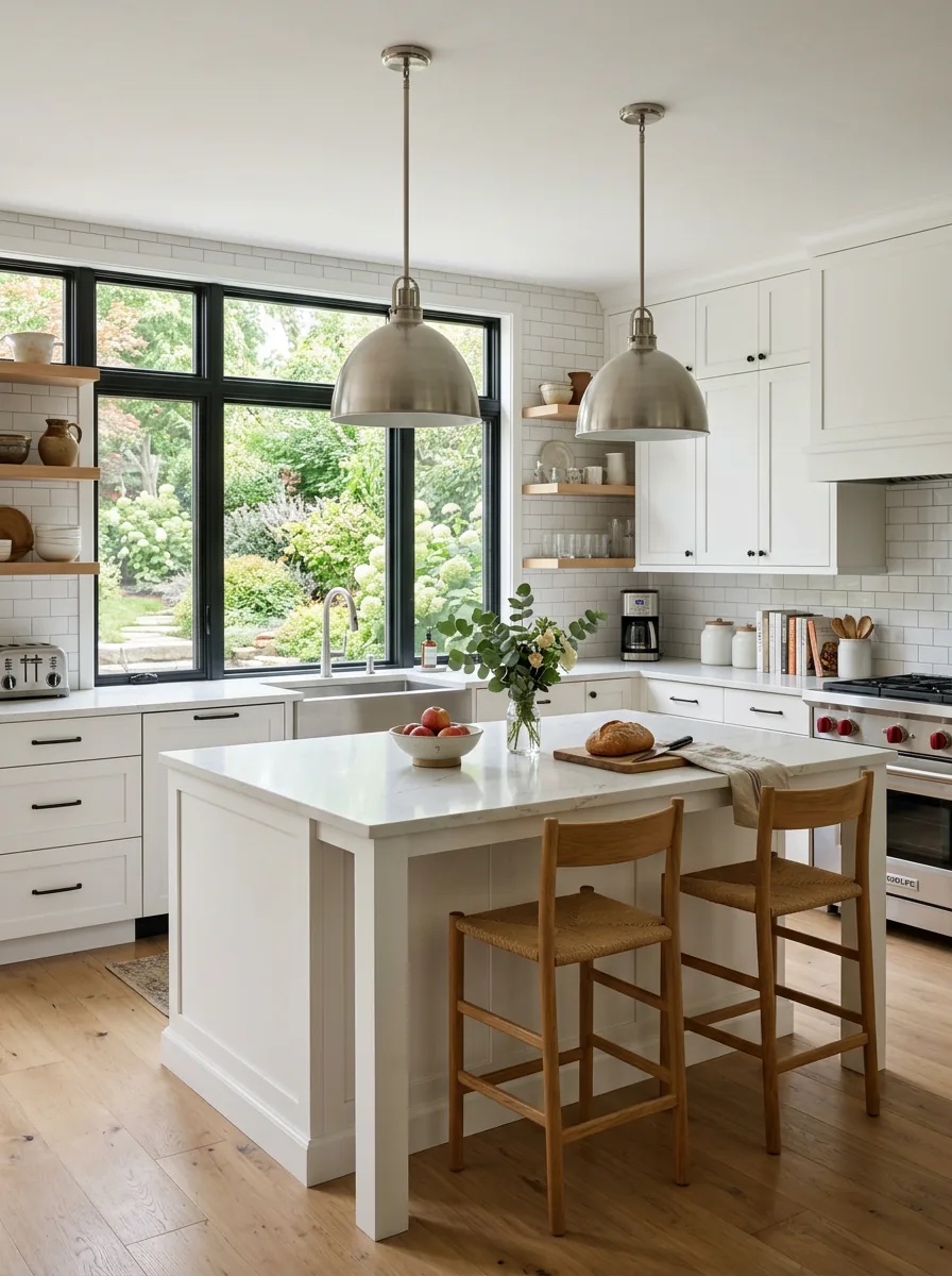 White Shaker cabinetry with black accents surrounds a bright island beneath brushed-steel pendants, facing a black-framed garden window.