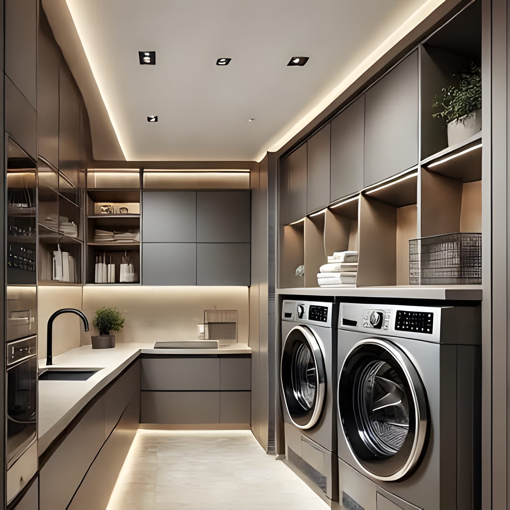 A kitchen and laundry in one seamless run: warm-lit open shelving, taupe cabinetry, and paired machines tucked neatly under the counter.