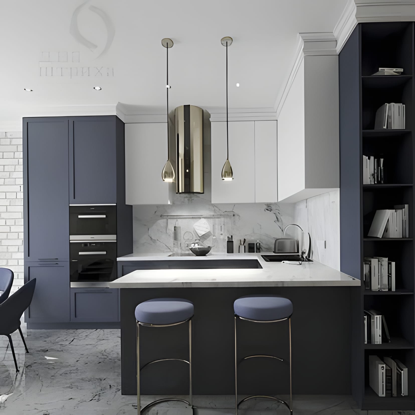 Deep navy lower cabinets under crisp white uppers, with a white brick backsplash, a sculptural steel hood, and a dark open bookcase.