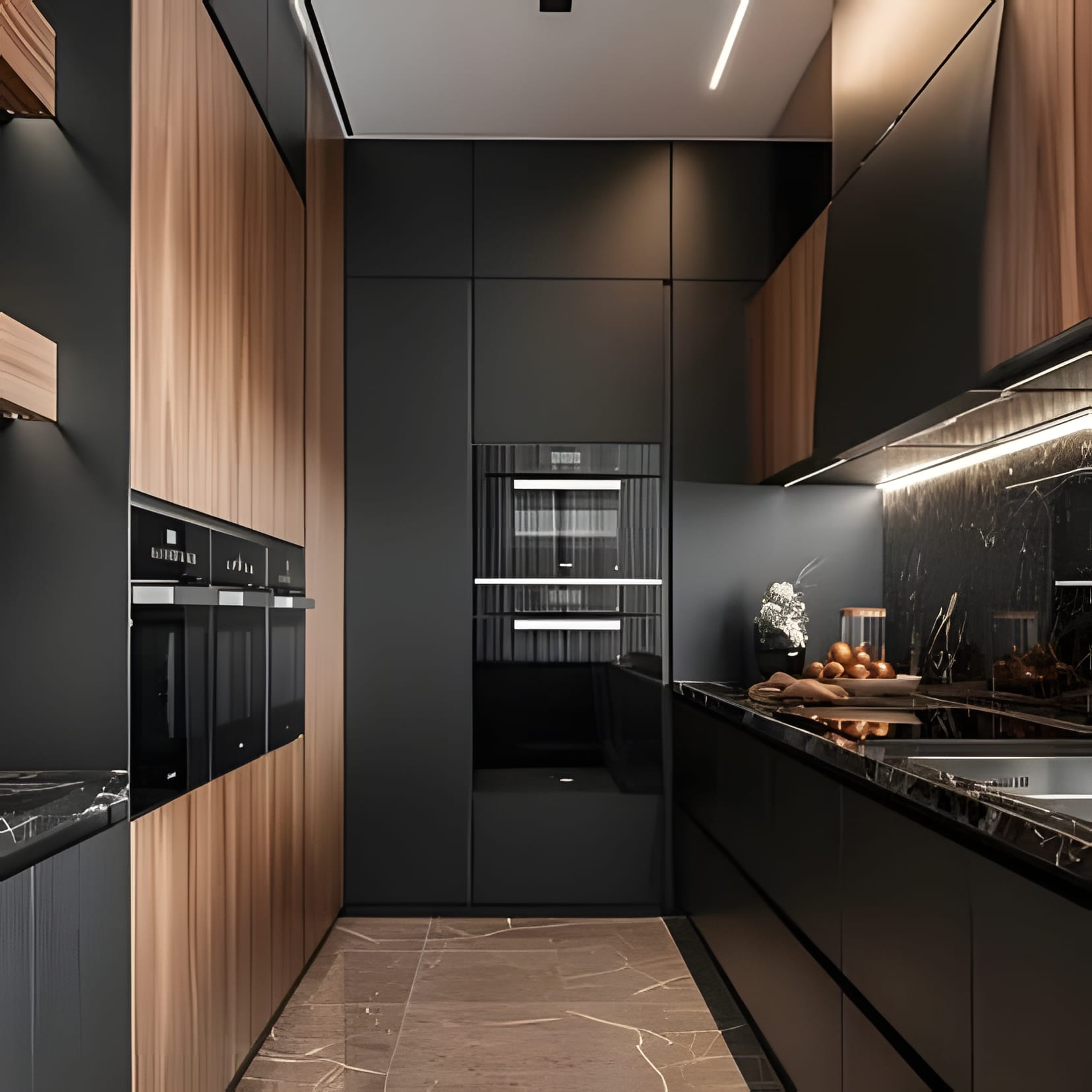 A moody galley of black cabinetry and walnut panels over dark marble floors, with glowing task lighting along the counters.