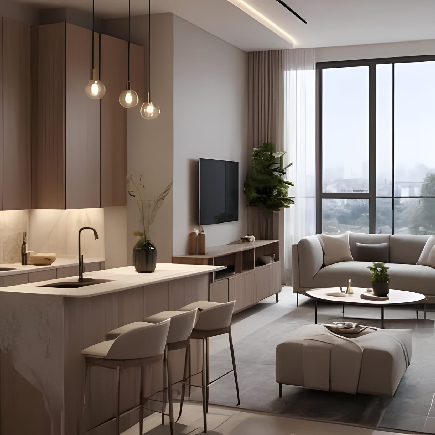 An open-plan kitchen that shares its light with the living room: wood uppers, a compact white island, and sofas a step away.