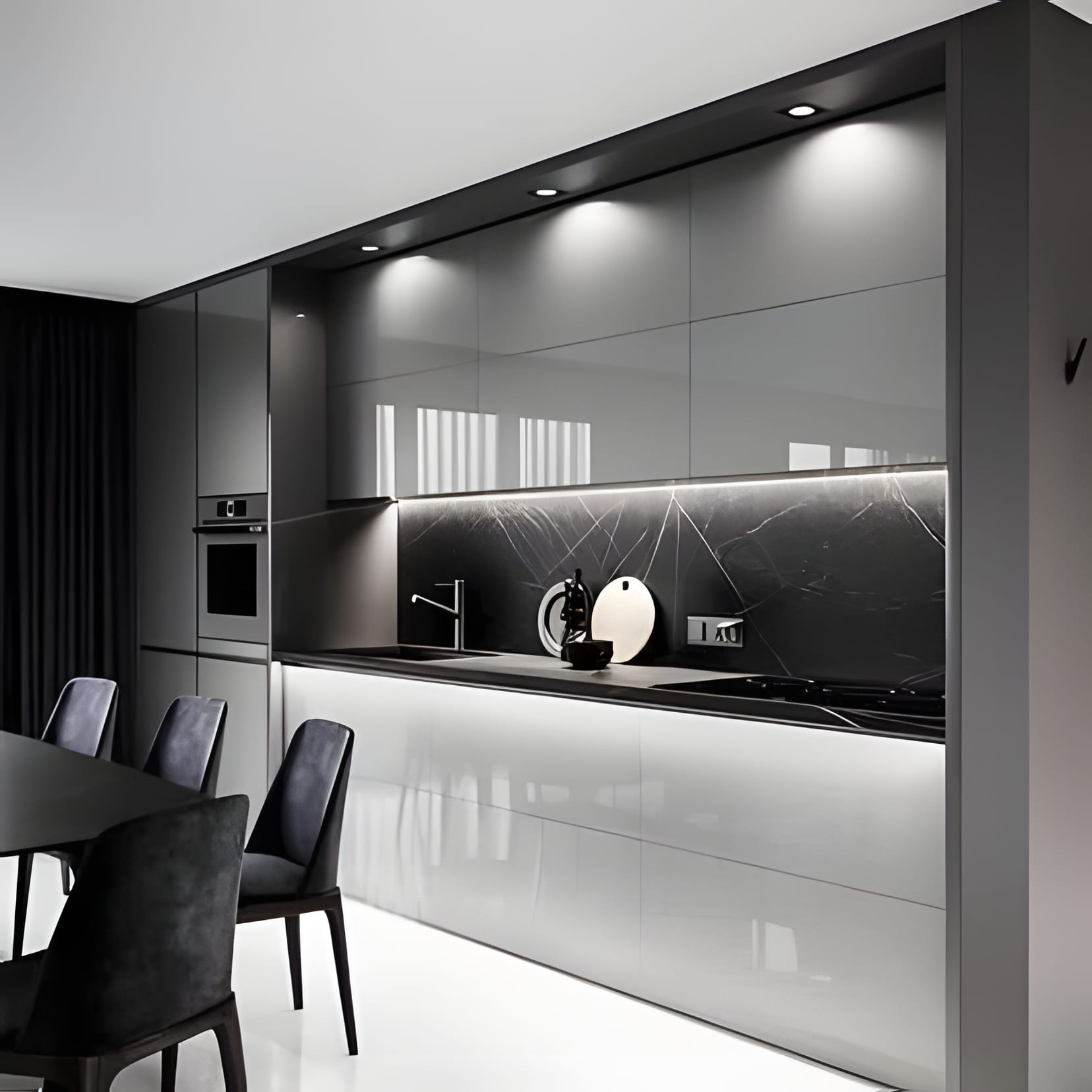 High-gloss pearl cabinetry against a black marble feature wall, with a long dining table run into the galley.