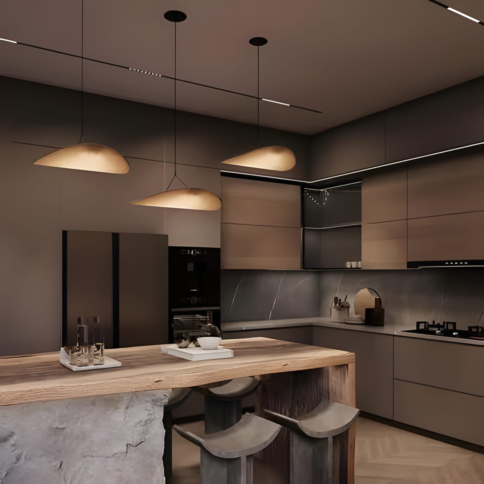 A taupe kitchen where a marble-based island with a warm wood top sits under a pair of dome pendants.