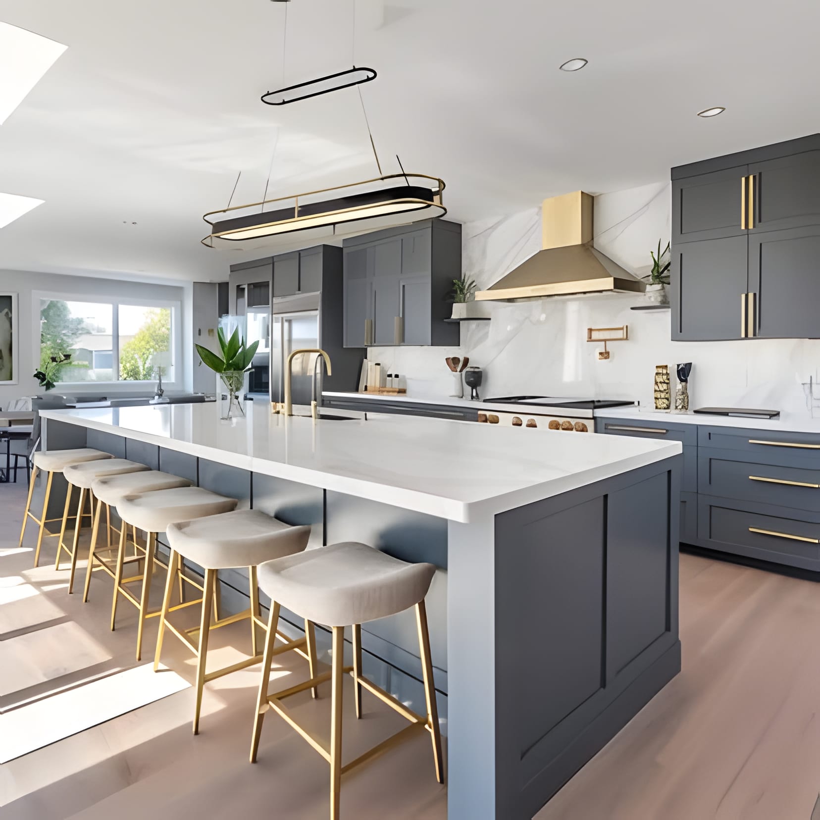 A bright family kitchen with deep-blue perimeter cabinets, a big white island with woven stools, and brass hardware throughout.