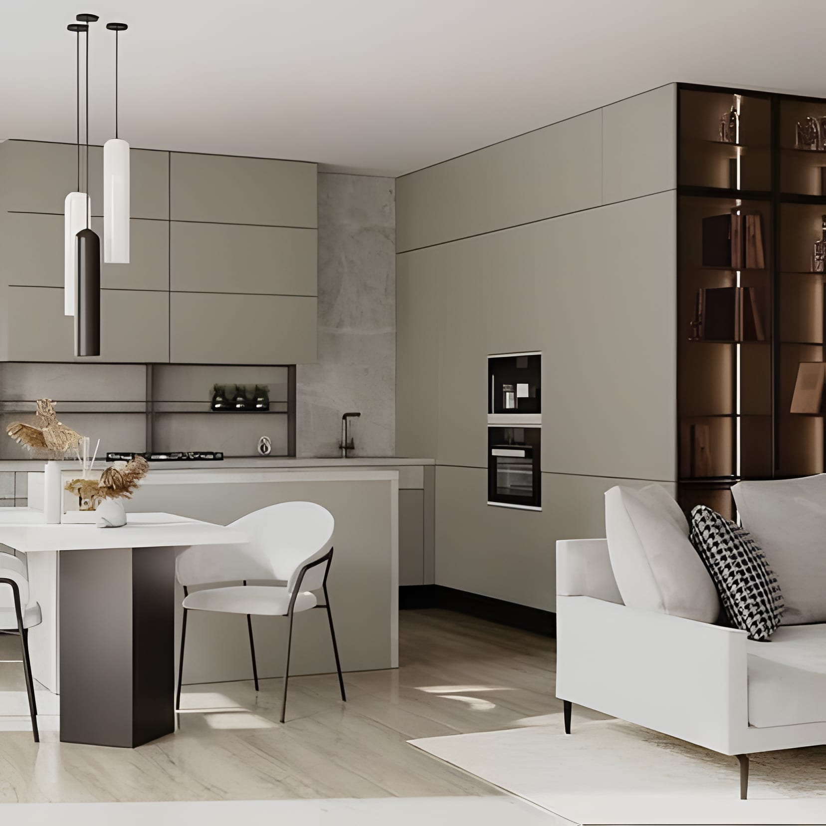 A white open-plan kitchen and lounge in soft daylight, with a compact island table and quiet grey accents.