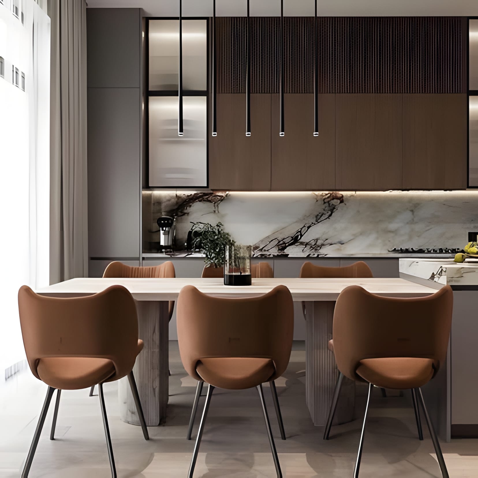 A marble-veined backsplash and wood uppers looking over a dining table ringed with caramel leather chairs.