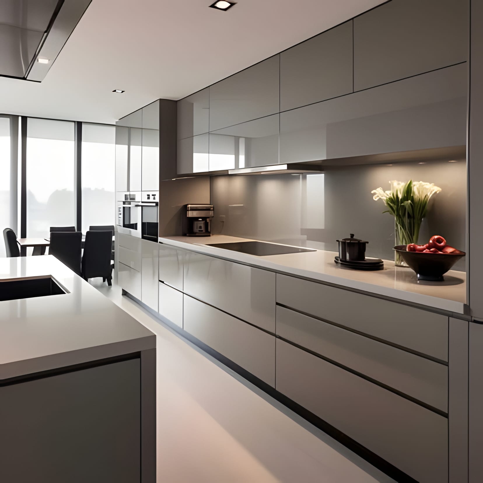 A long handleless run in warm silver-grey, its counter following the window line toward the dining room.