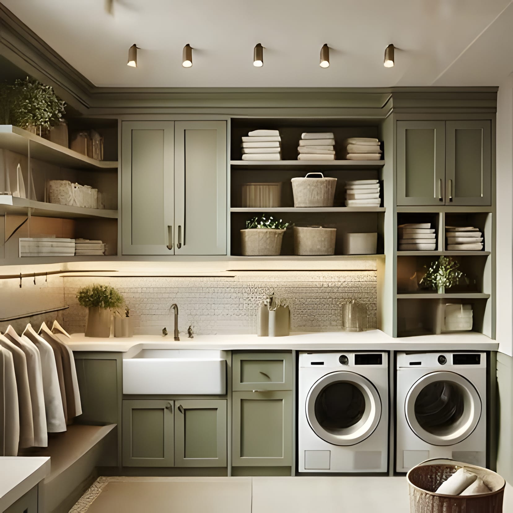 An olive-green working room with open dish shelving, a farmhouse sink, and laundry machines below.