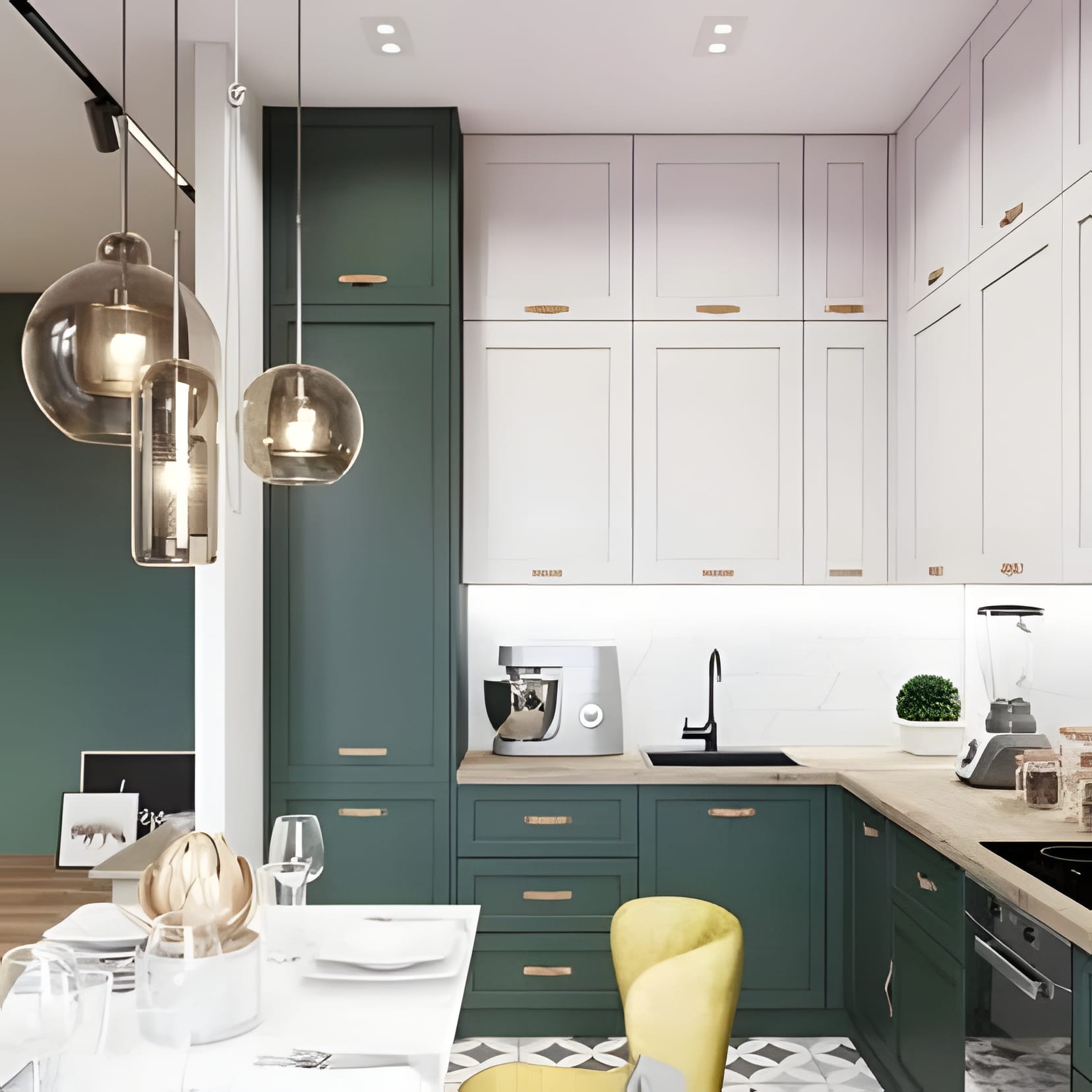 White uppers over green lower cabinets, glass globe pendants, and one yellow stool for good measure.