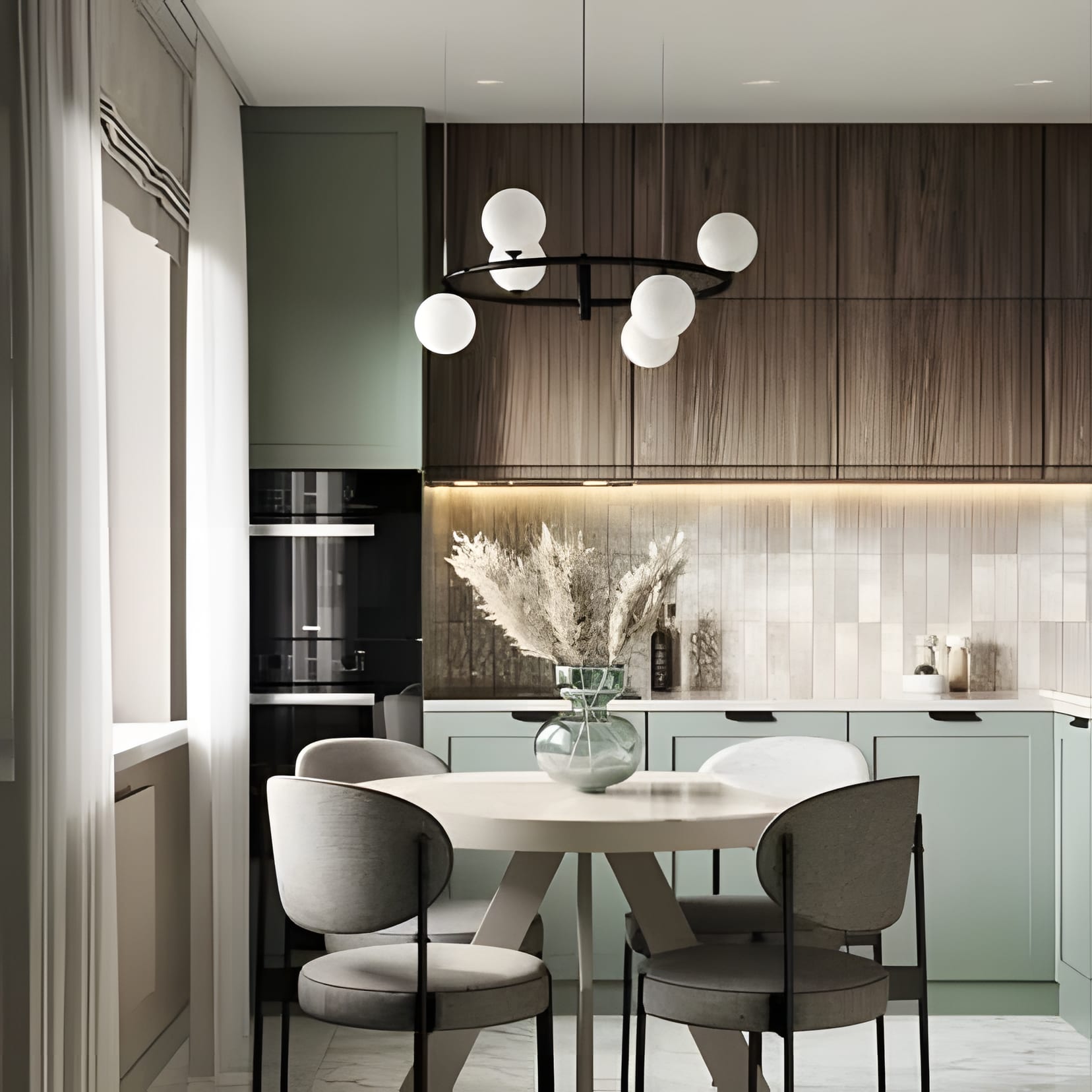 Sage-green and wood cabinetry with a small round dining table pulled into the kitchen.