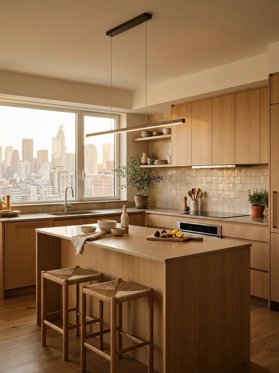 Sage green cabinetry with a brass range hood surrounds a wood-topped island beneath clear globe pendants.