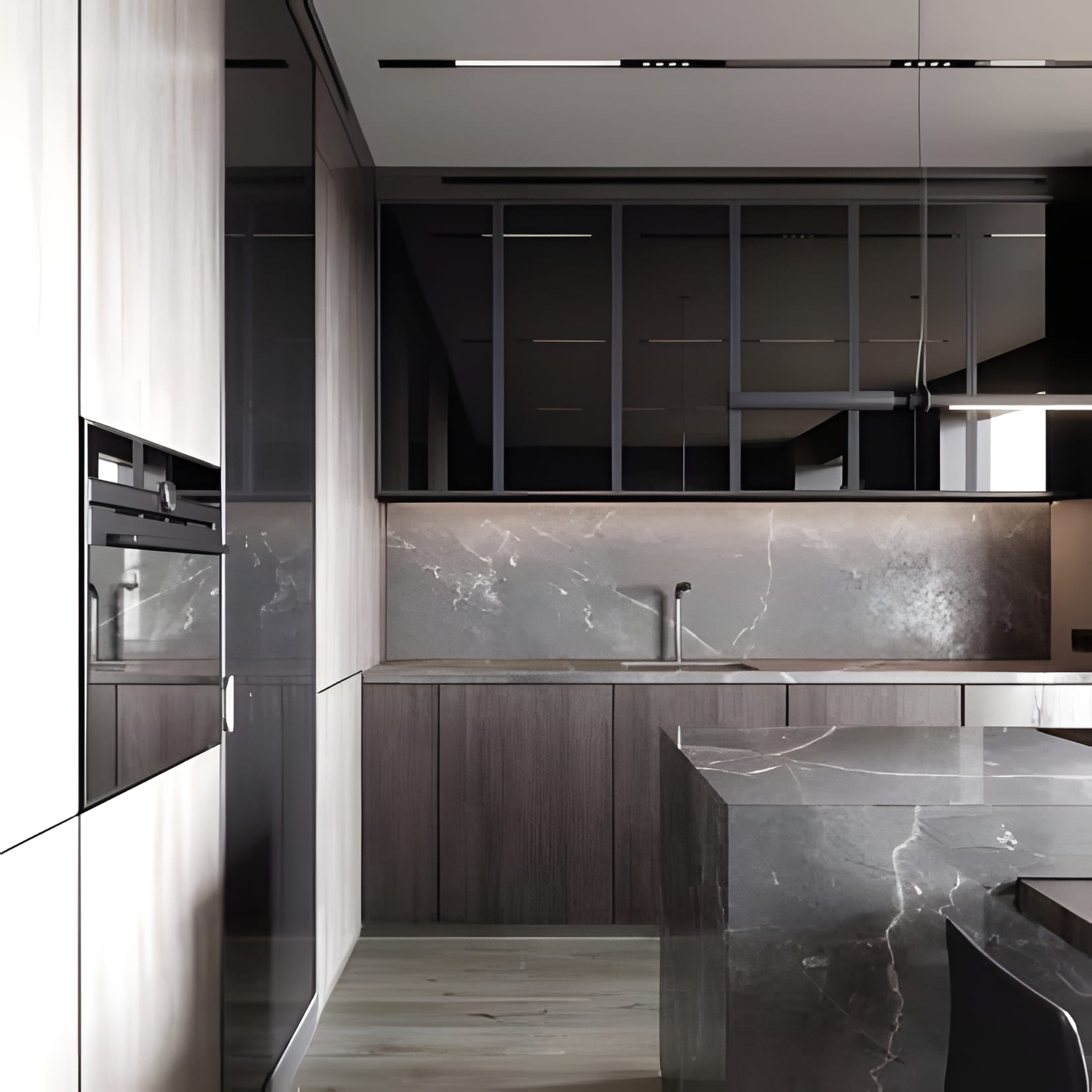 Grey-taupe cabinetry around a storm-veined marble island — the stone carries the whole room.