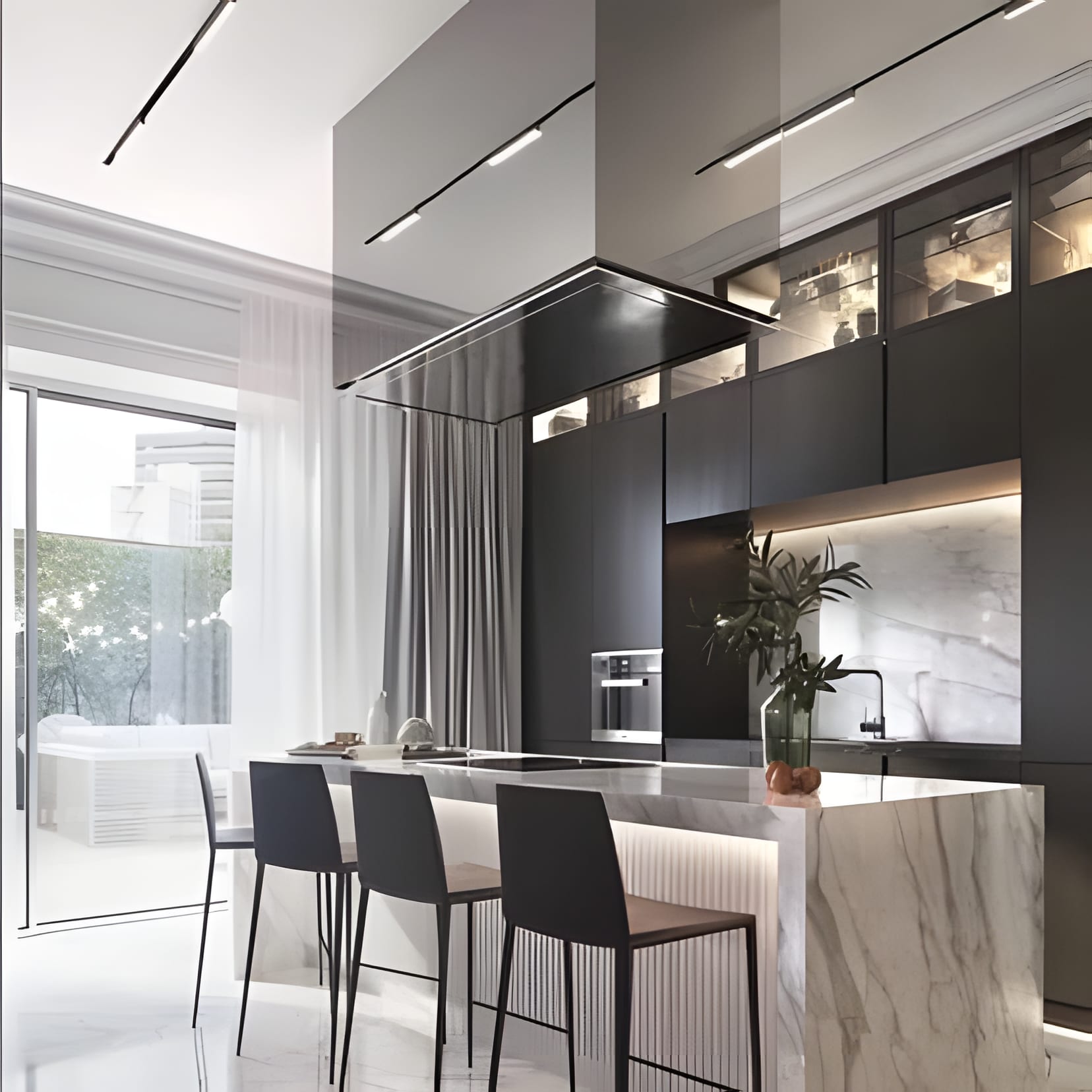 A black-and-white island bar with white stools and sheer curtains softening the glass wall.