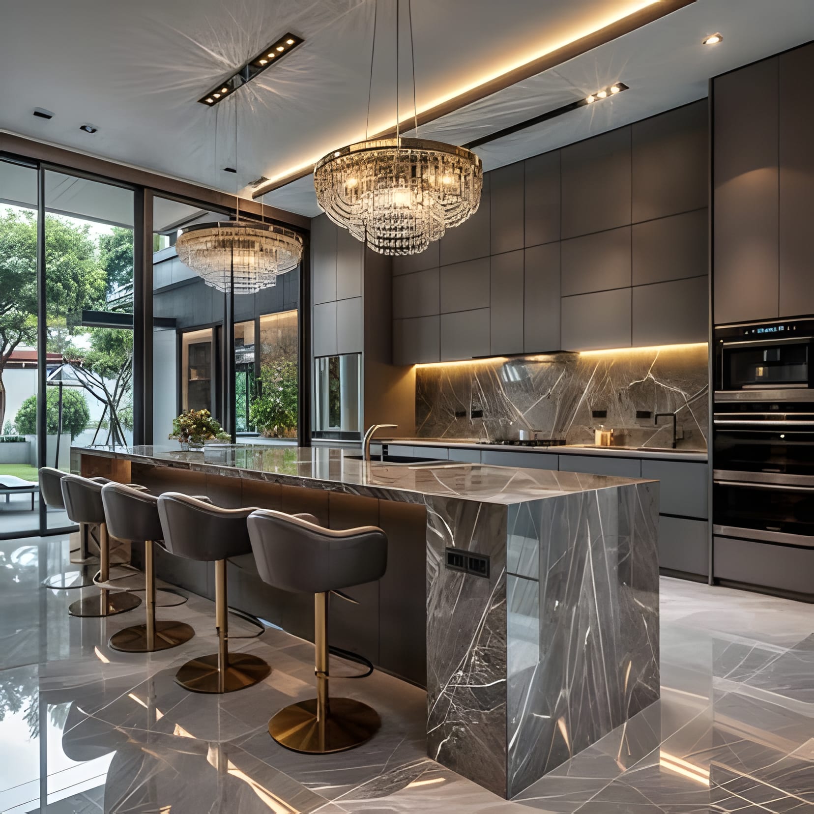 A grey marble waterfall island under a crystal chandelier, mirror-polished floors doubling the light.