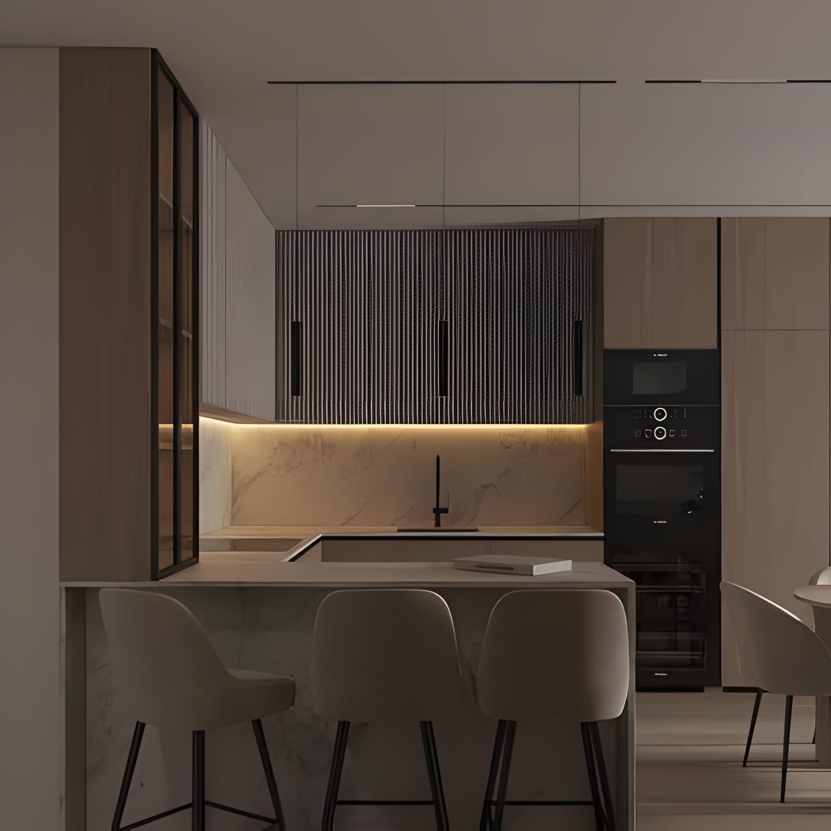 A taupe-grey kitchen wrapped around a full-height wine tower, cream stools at the counter.