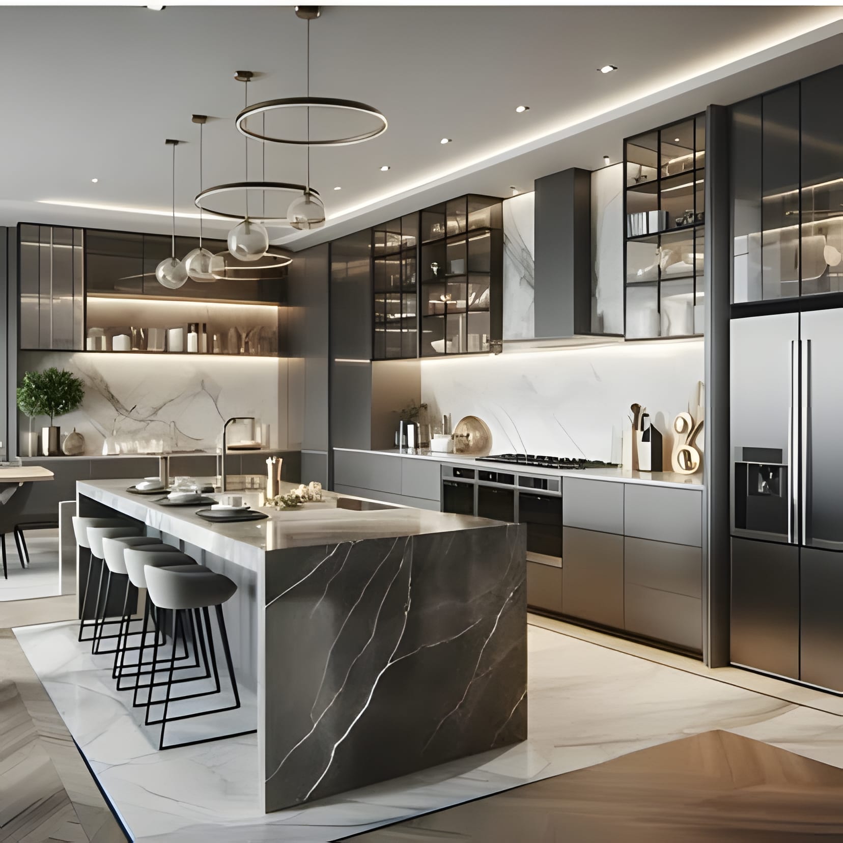 A large grey kitchen with a marble island, lit glass shelving, and a double fridge for a full house.