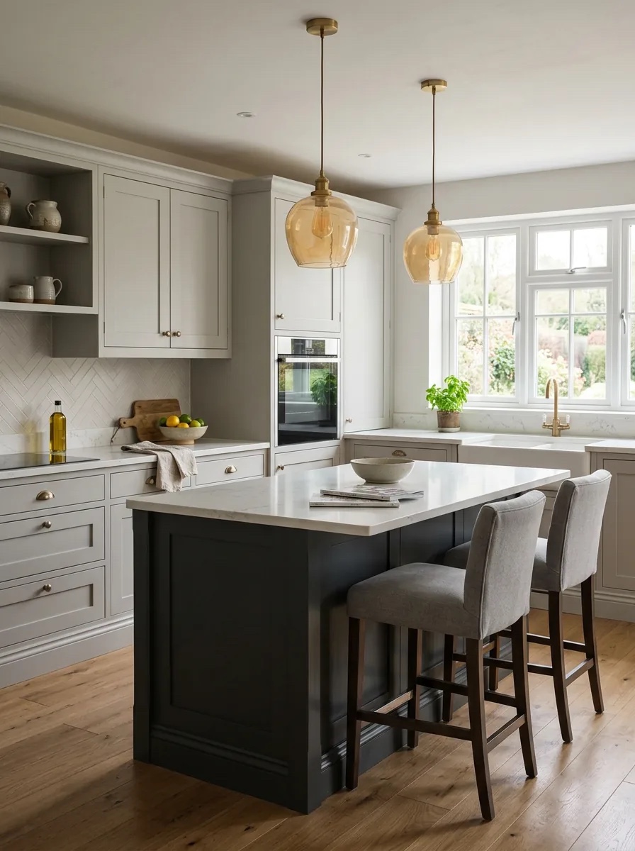 Soft grey cabinetry surrounds a charcoal island with upholstered stools, warmed by amber glass pendants and brass details.