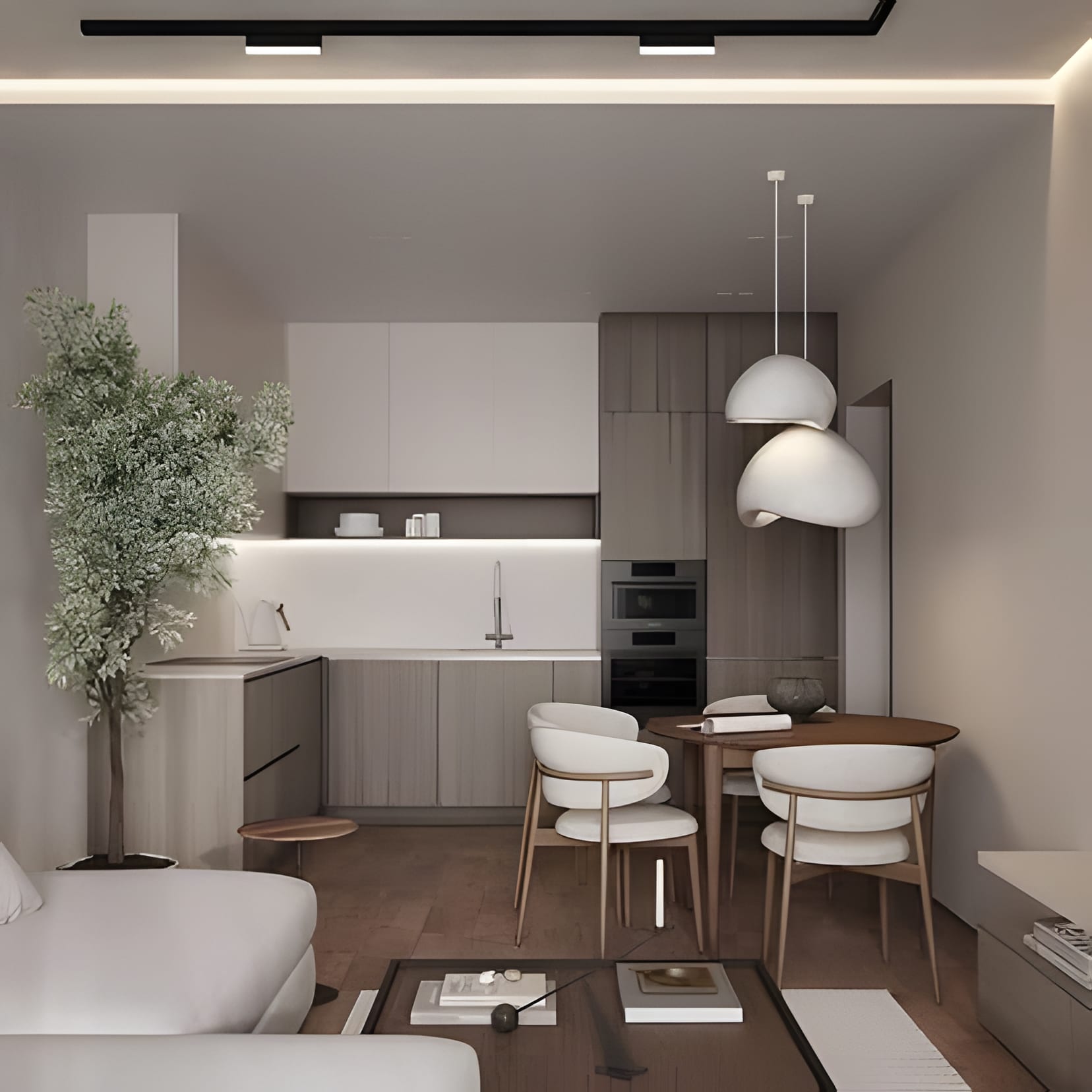 A white minimal kitchen with a dining nook under paper-white pendant shades.