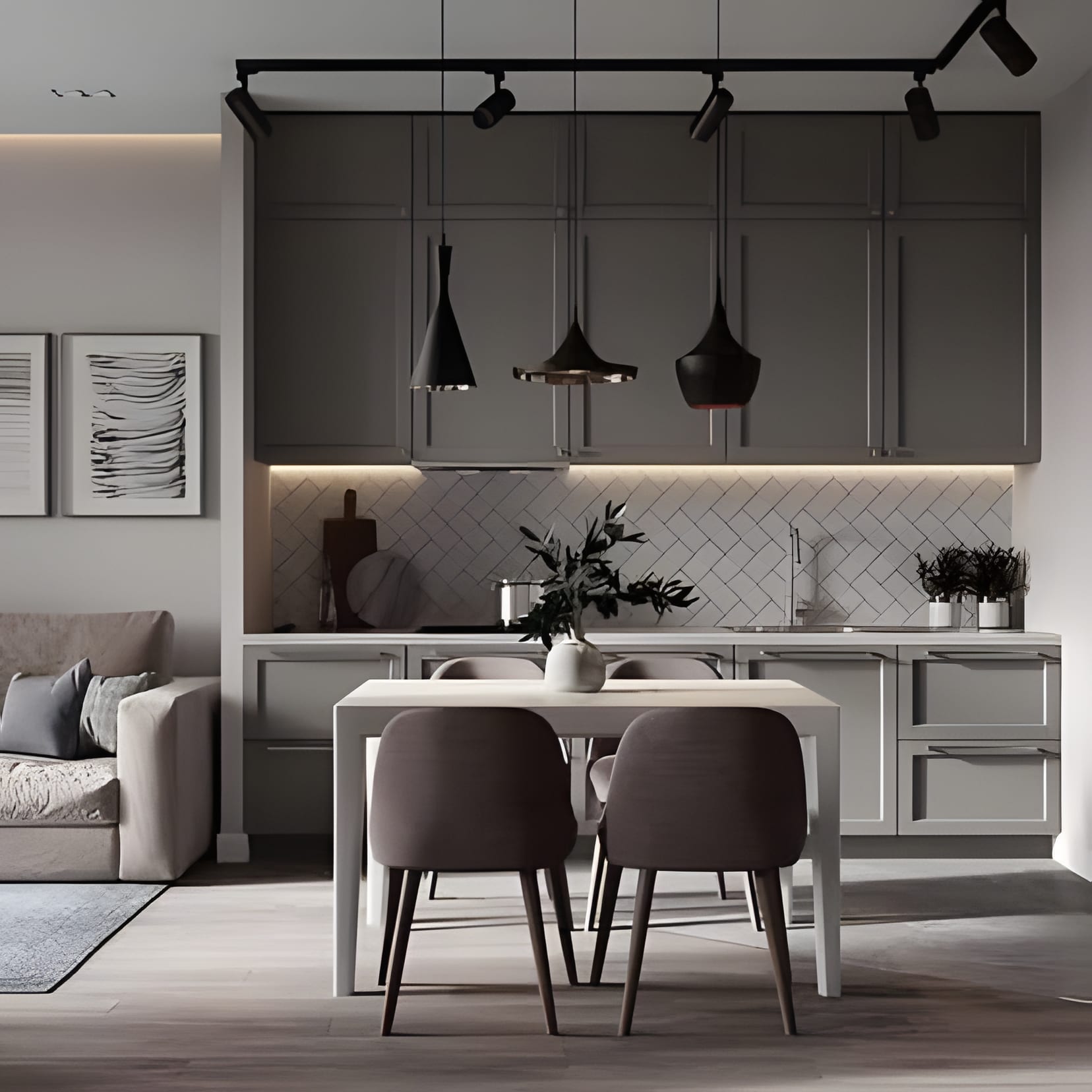 Grey cabinetry and a white tile backsplash under a trio of black pendants, dining table set for four.