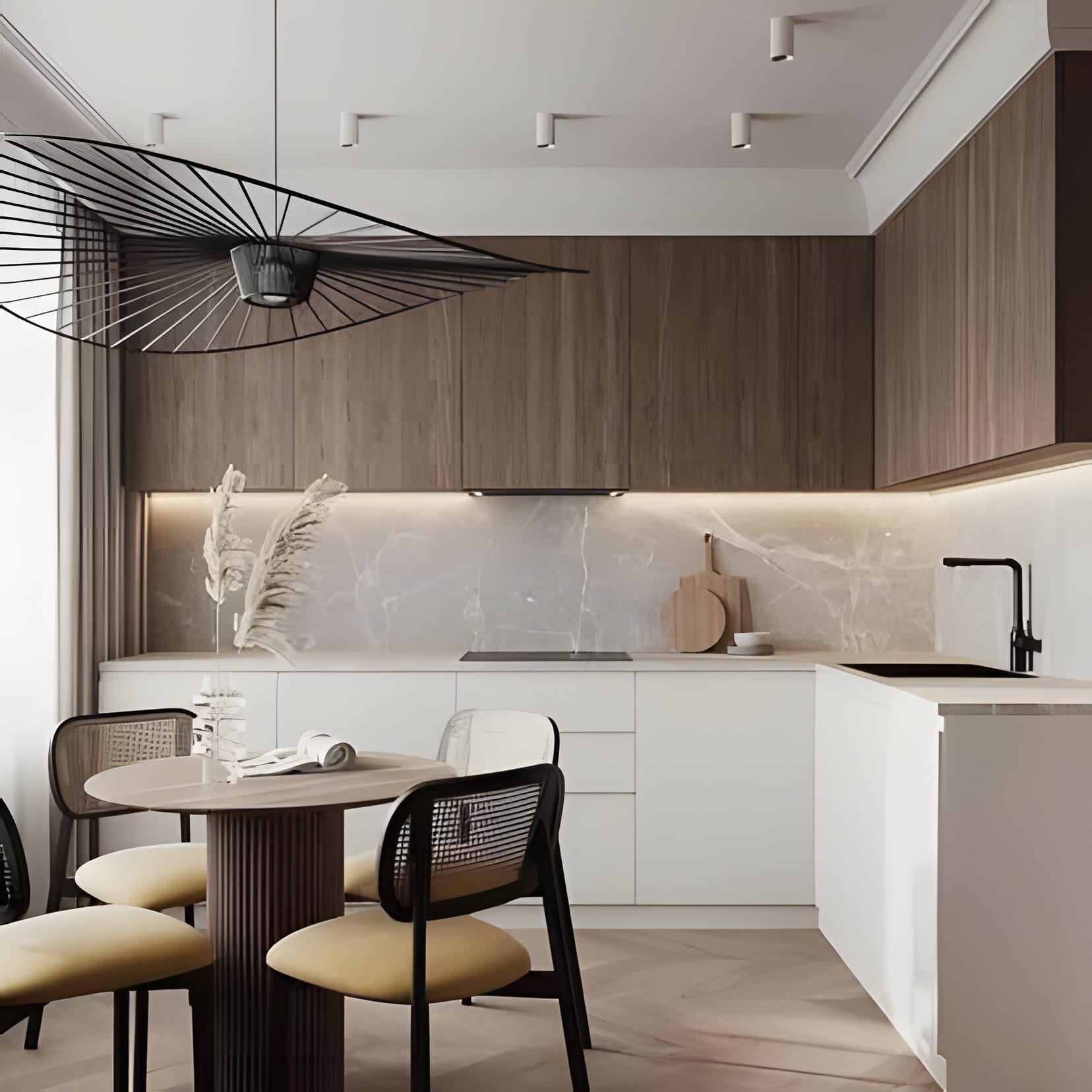 White and wood cabinetry with a black wire pendant spread like a wishbone over the round table.