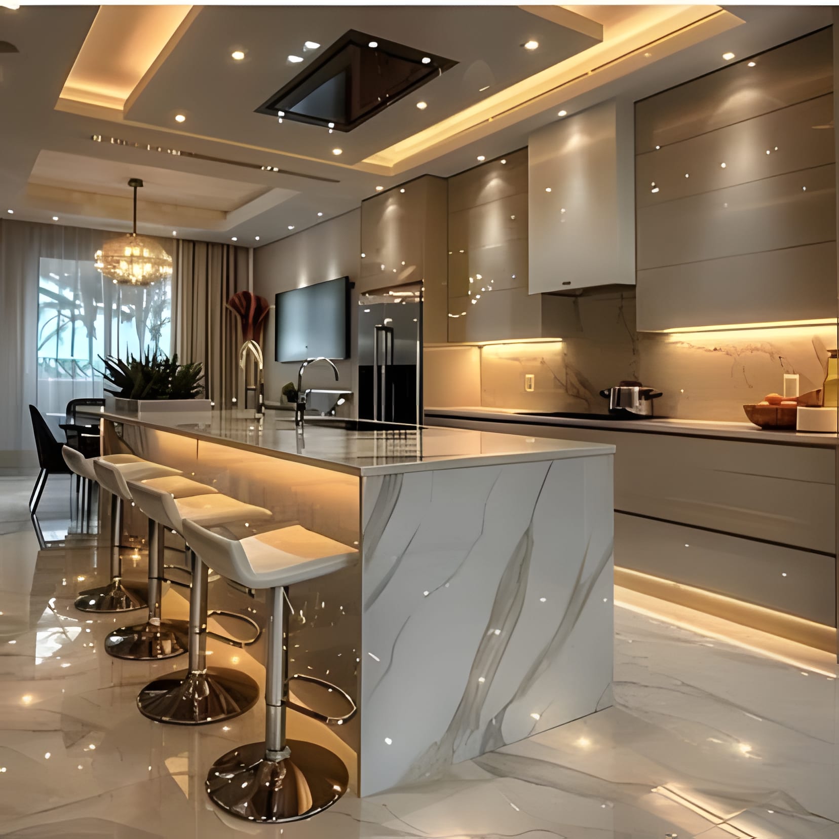 A glamorous marble island lit gold from beneath, glossy floors carrying the shine.