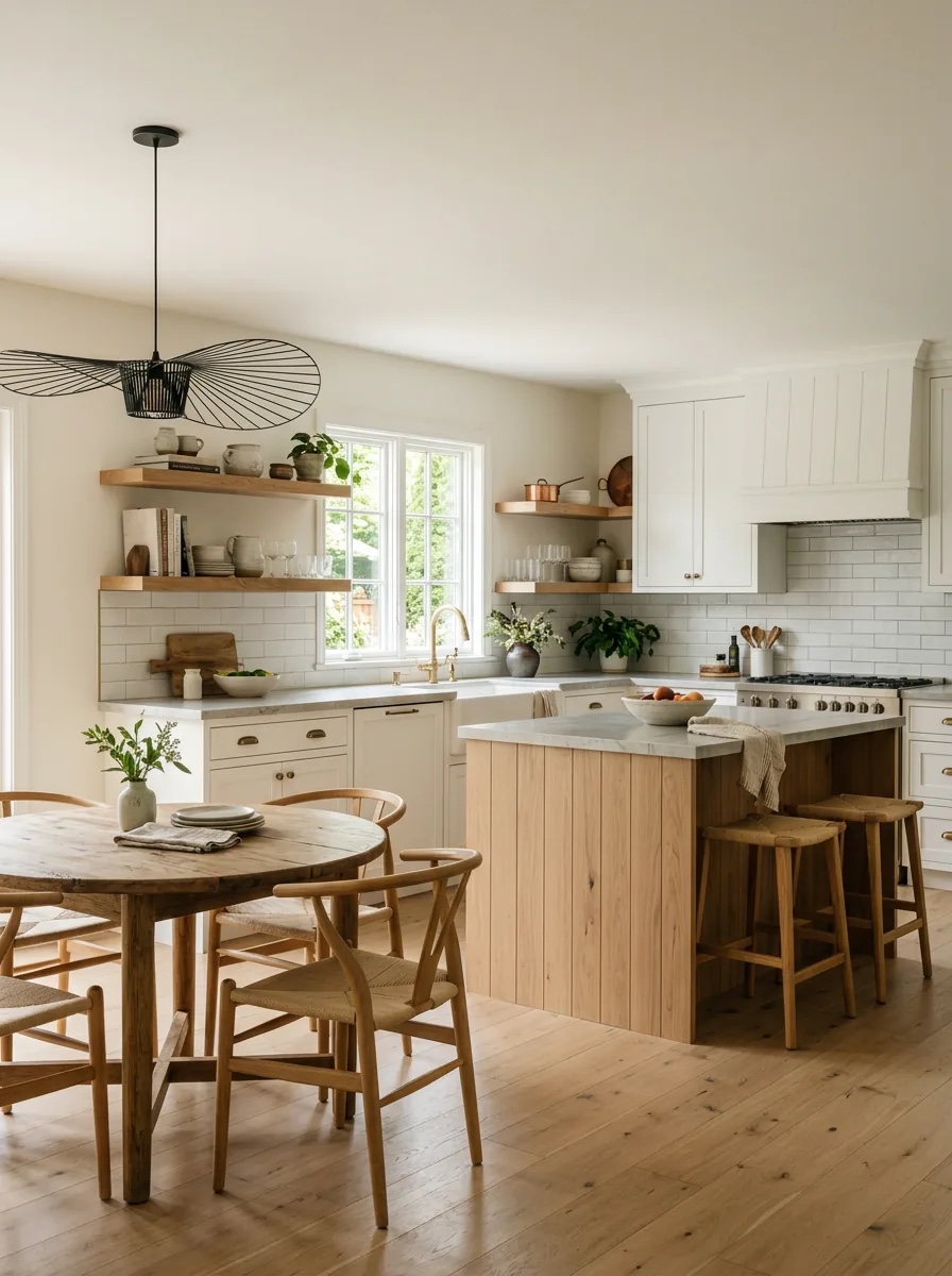 White cabinetry, an oak island and floating shelves frame a round wood dining table beneath a winged black pendant.