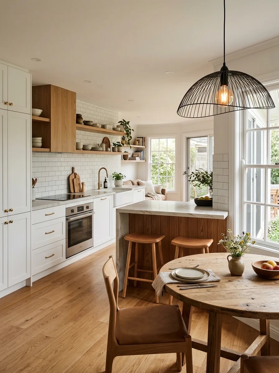 White cabinetry with warm wood accents opens to a breakfast nook, with a black wire dome pendant above the dining table.