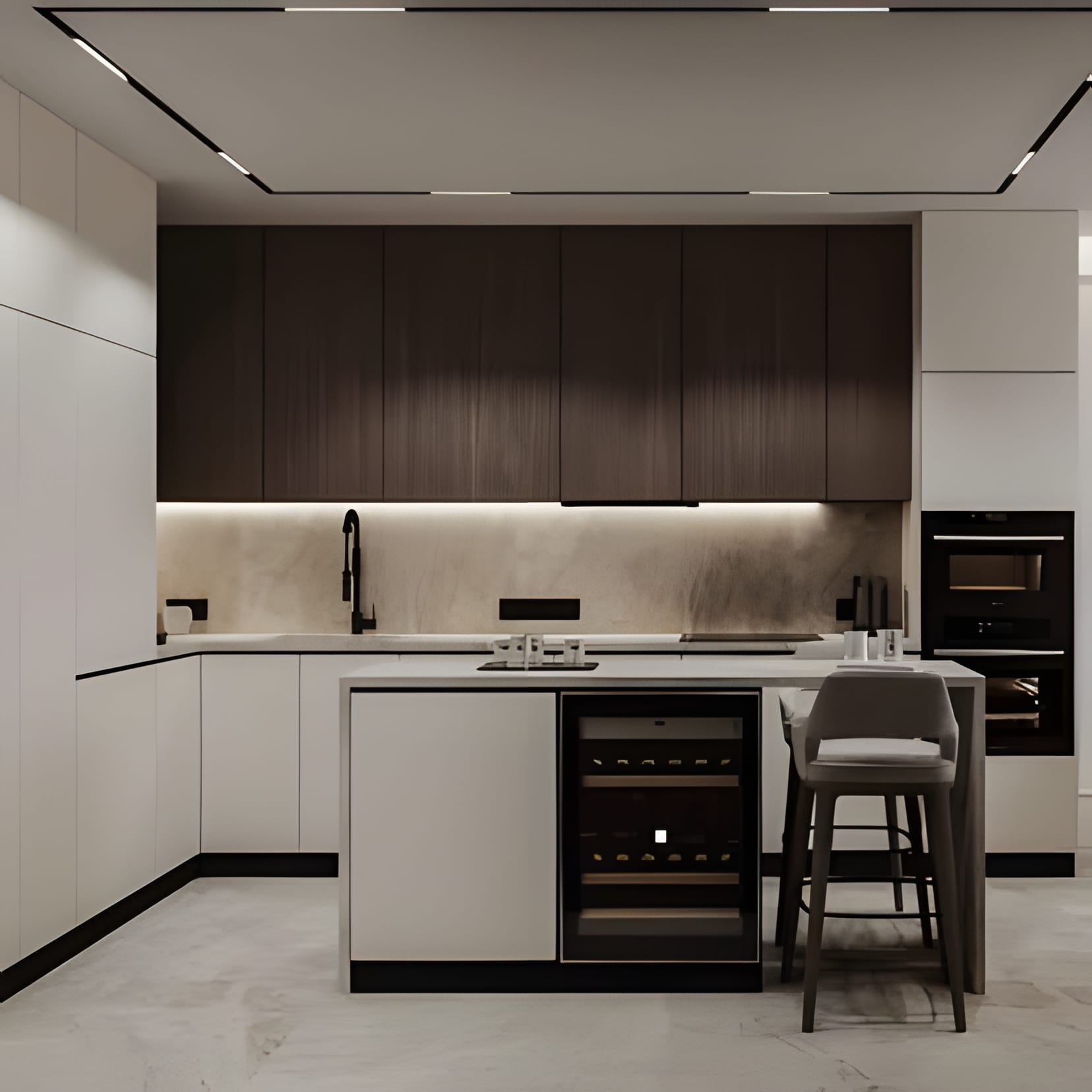 A white island with a built-in wine fridge, dark uppers behind, and a cream stool waiting.
