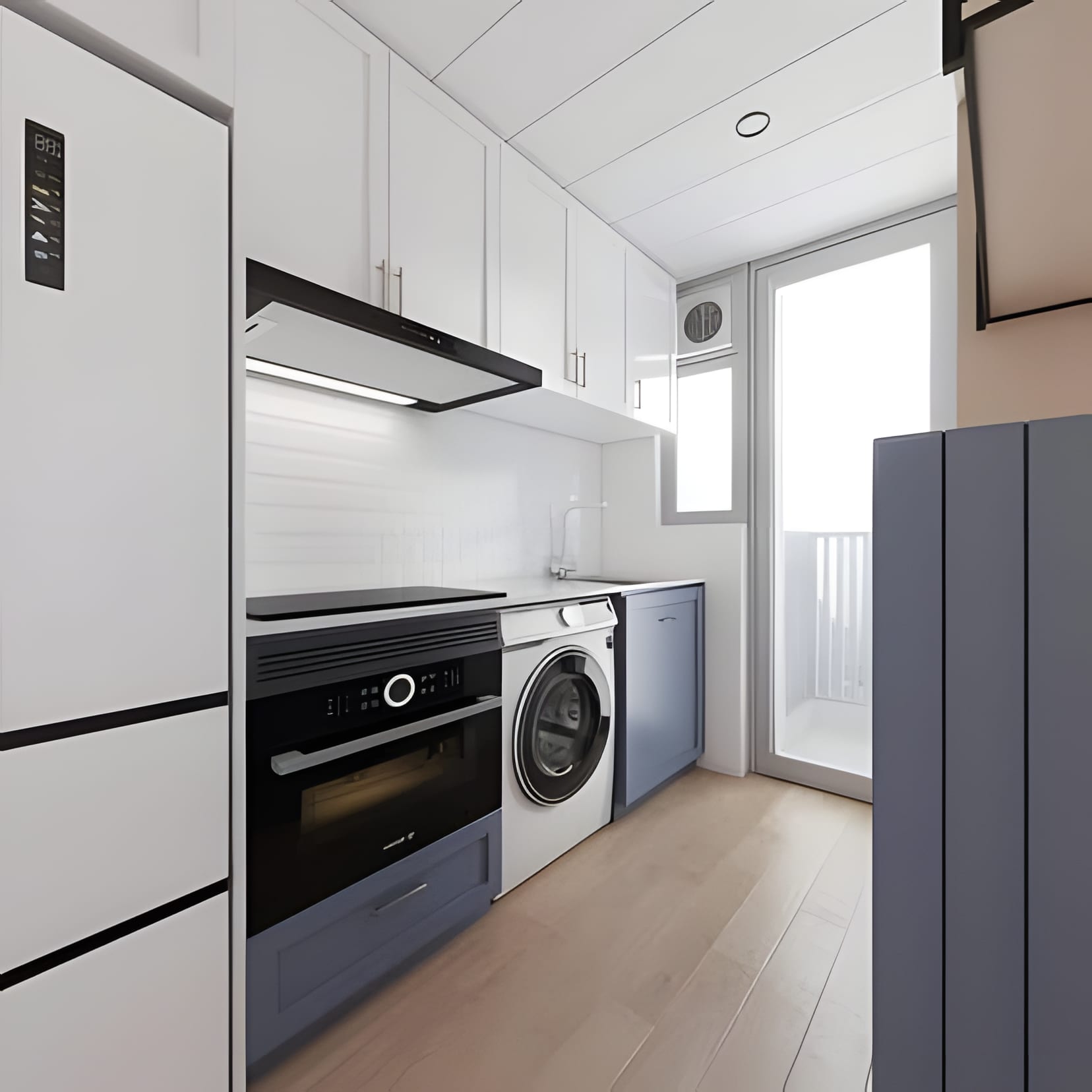 A compact white galley with integrated laundry and a balcony door — everything within two steps.