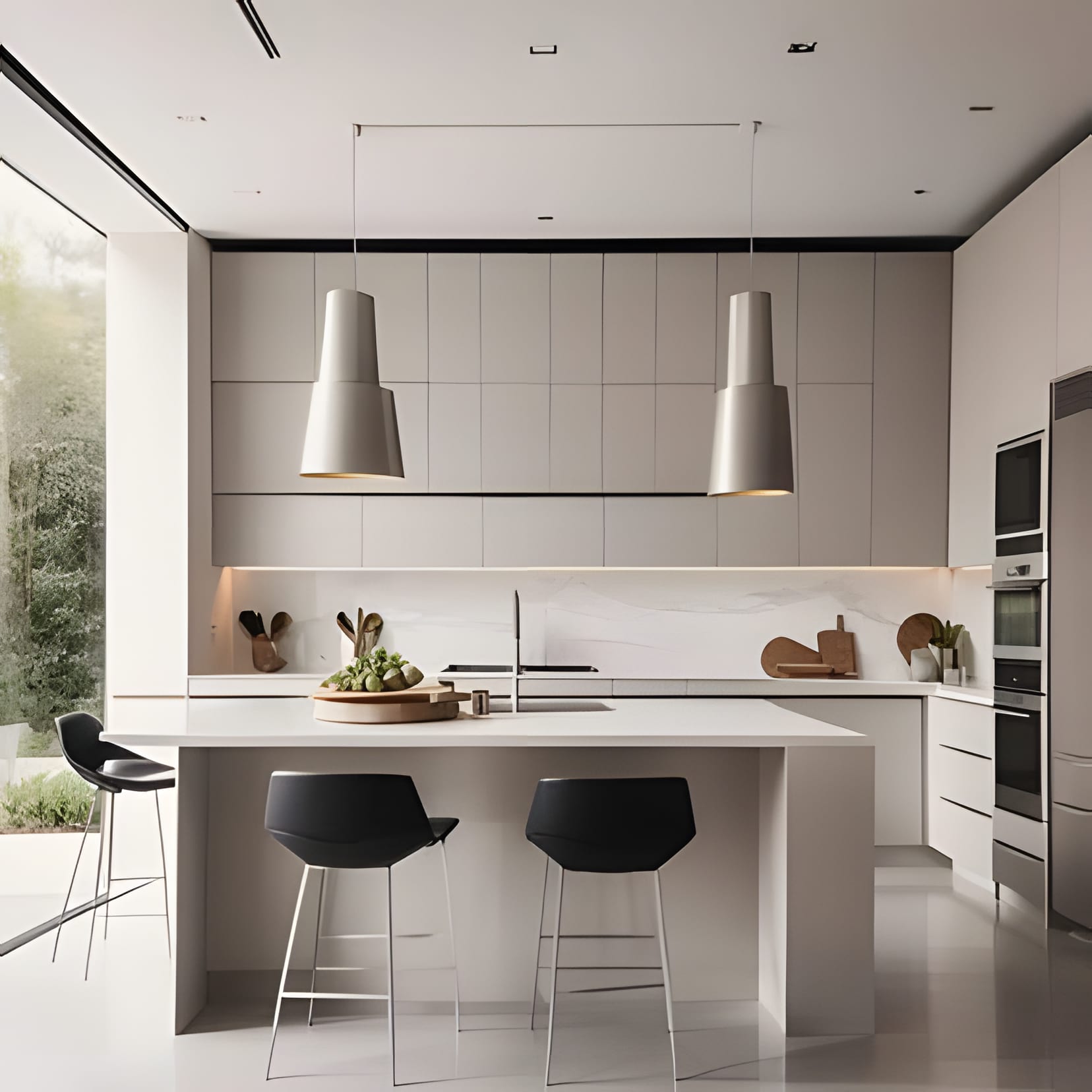 A white island under two steel pendants, the garden filling every window.