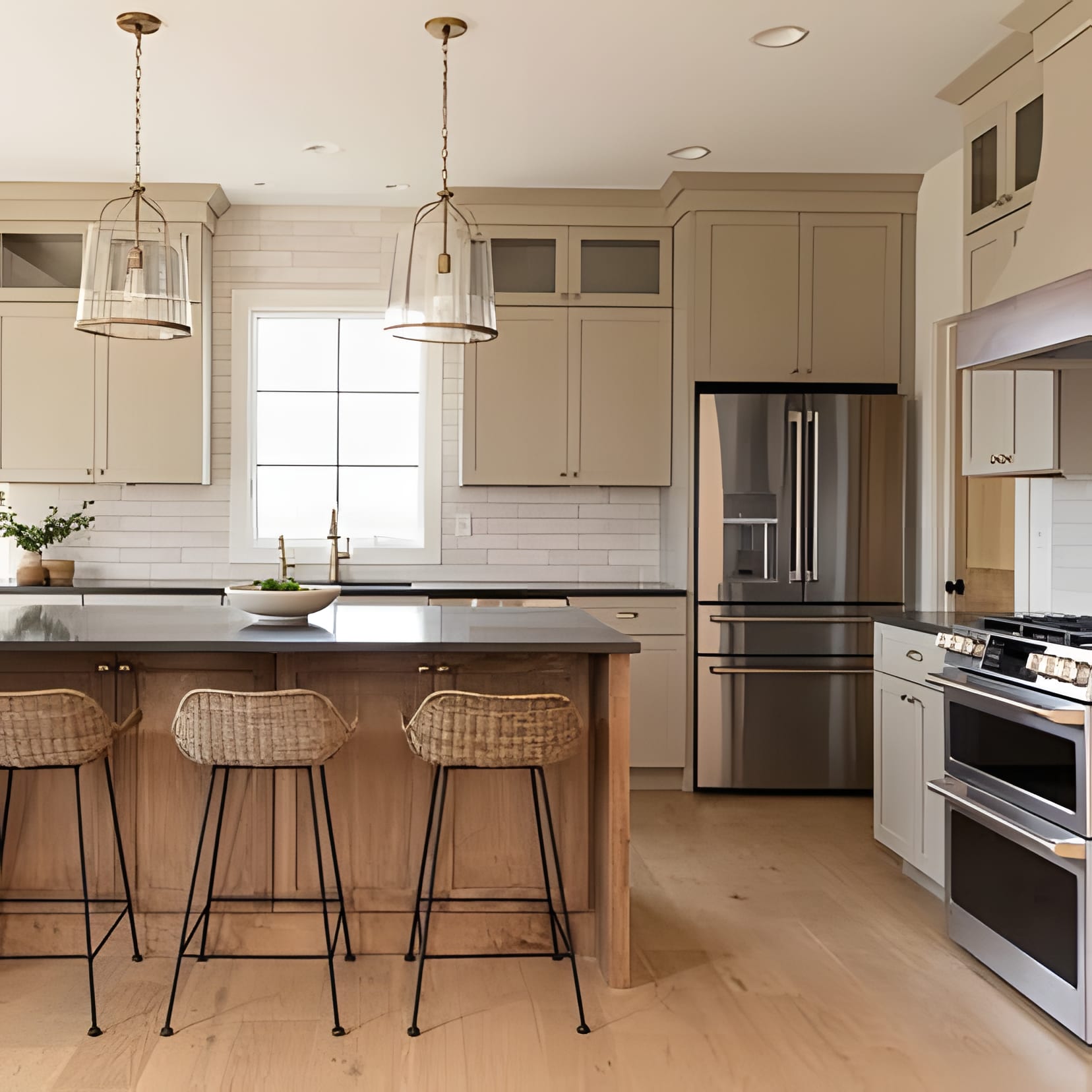 Cream Shaker cabinets and a wood island with a dark countertop, woven stools, clear glass pendants, and a white tile backsplash.
