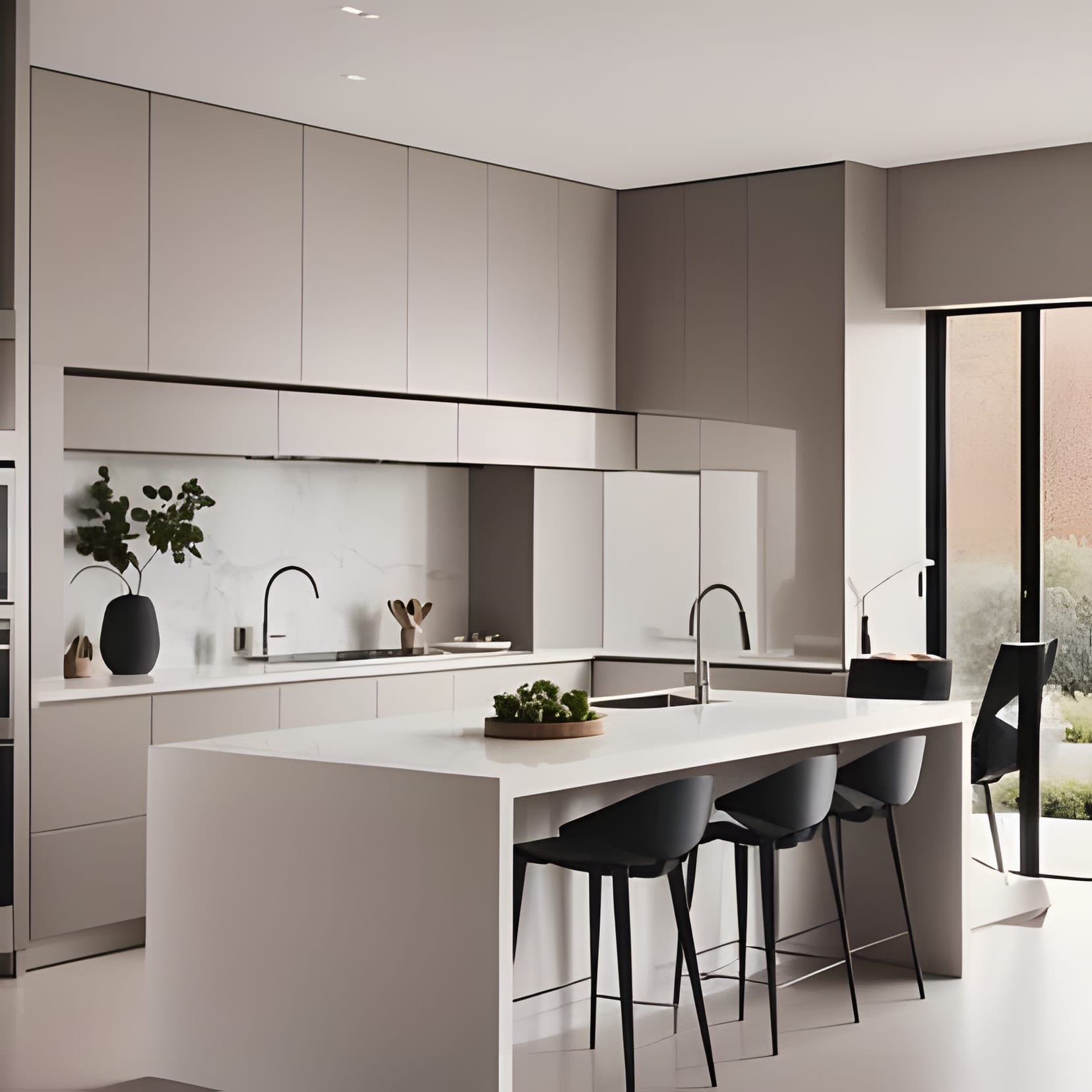 A putty-toned minimal kitchen with a clean island and black chairs — quiet on purpose.