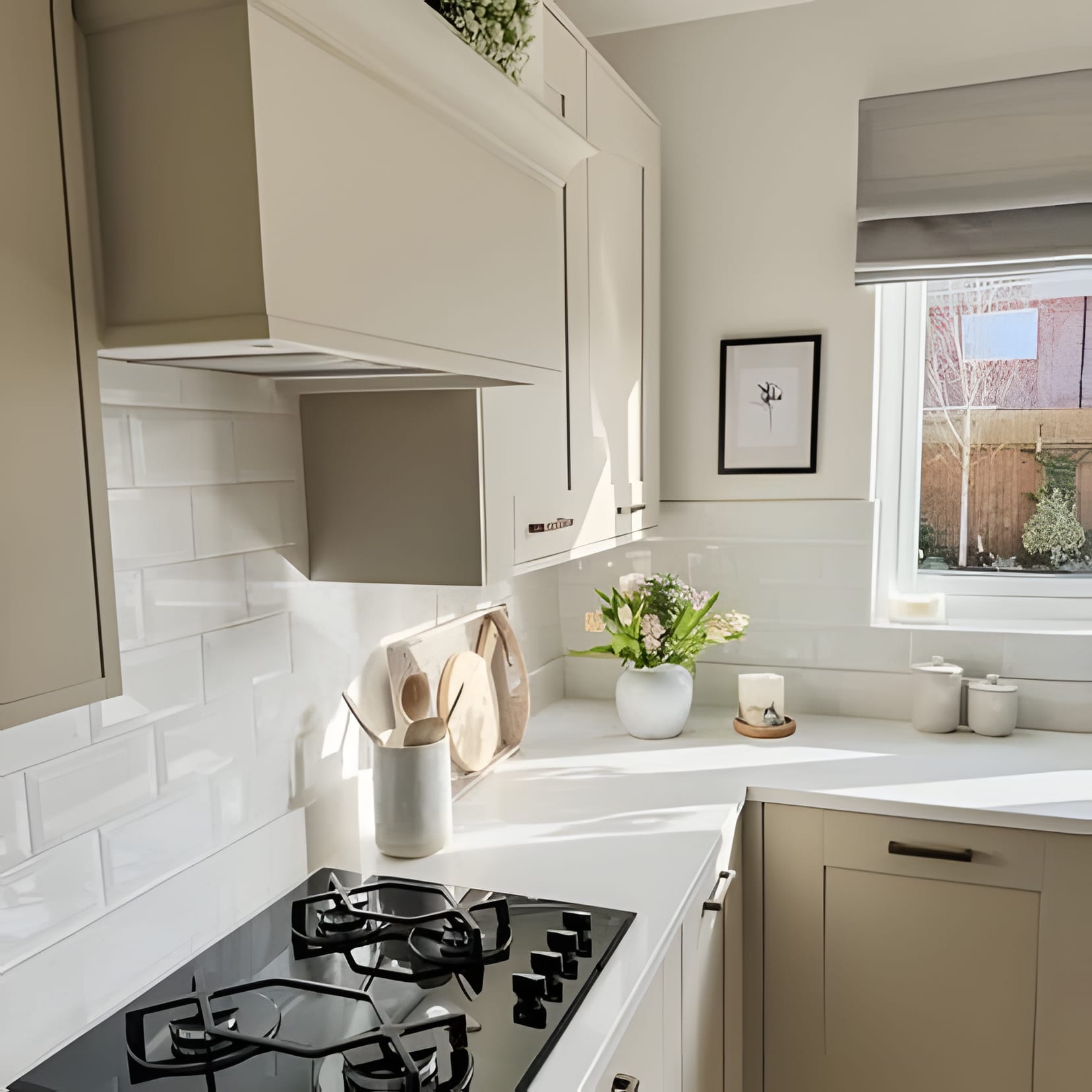 A cream cottage kitchen corner with a gas hob, a sunny window, and flowers on the sill.