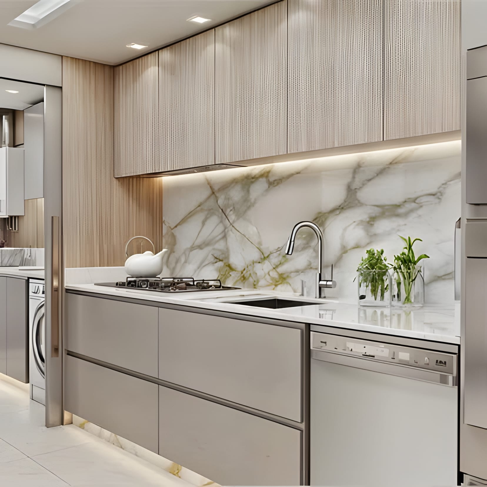White gloss cabinetry against a gold-veined Calacatta wall, laundry tucked into the run.