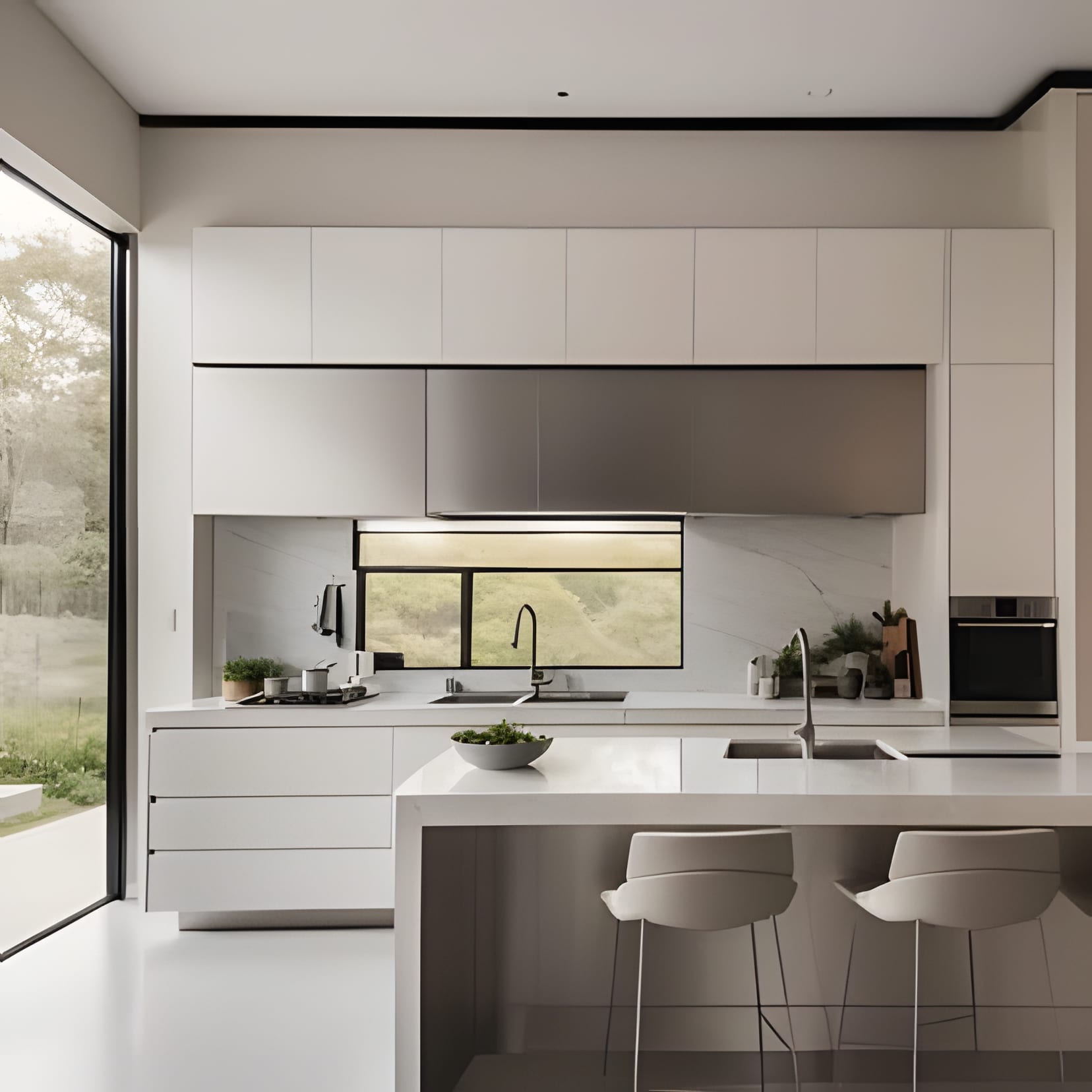 A white island with a grey waterfall top, patio doors open to the terrace.