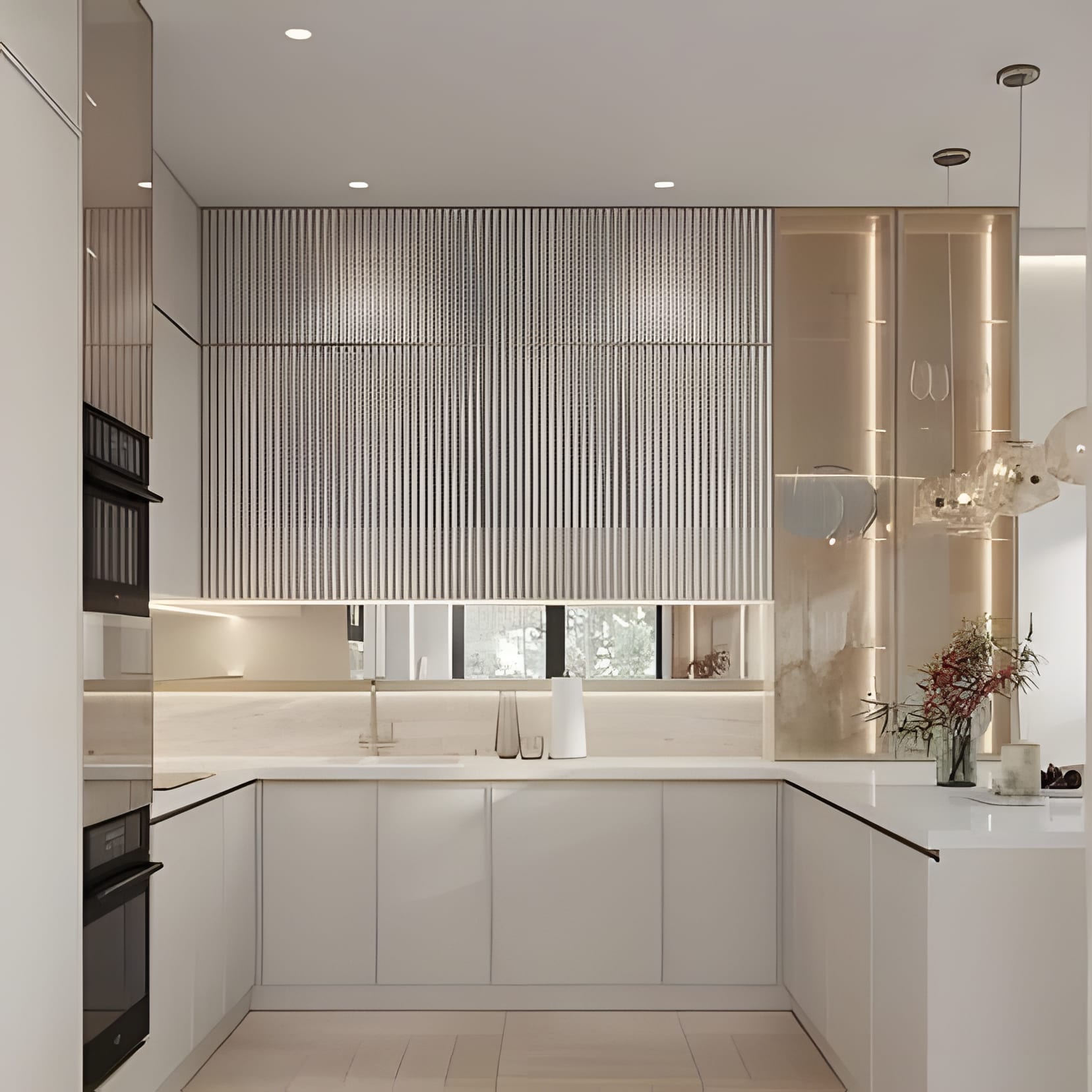 A fluted white feature wall beside a gold-lit display cabinet — jewellery-box detailing.