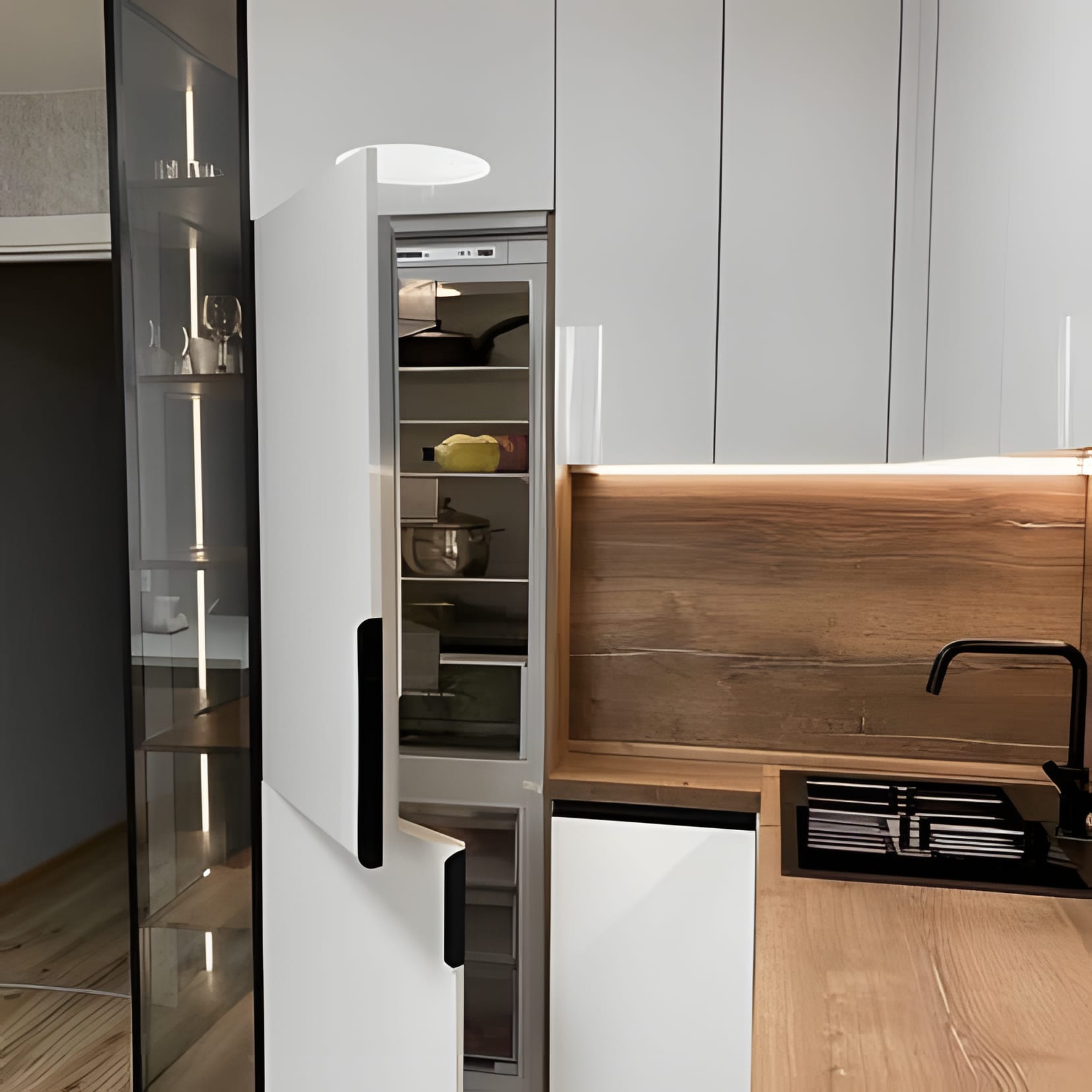 A compact corner pairing warm wood worktops with white tall units and a matte black tap.