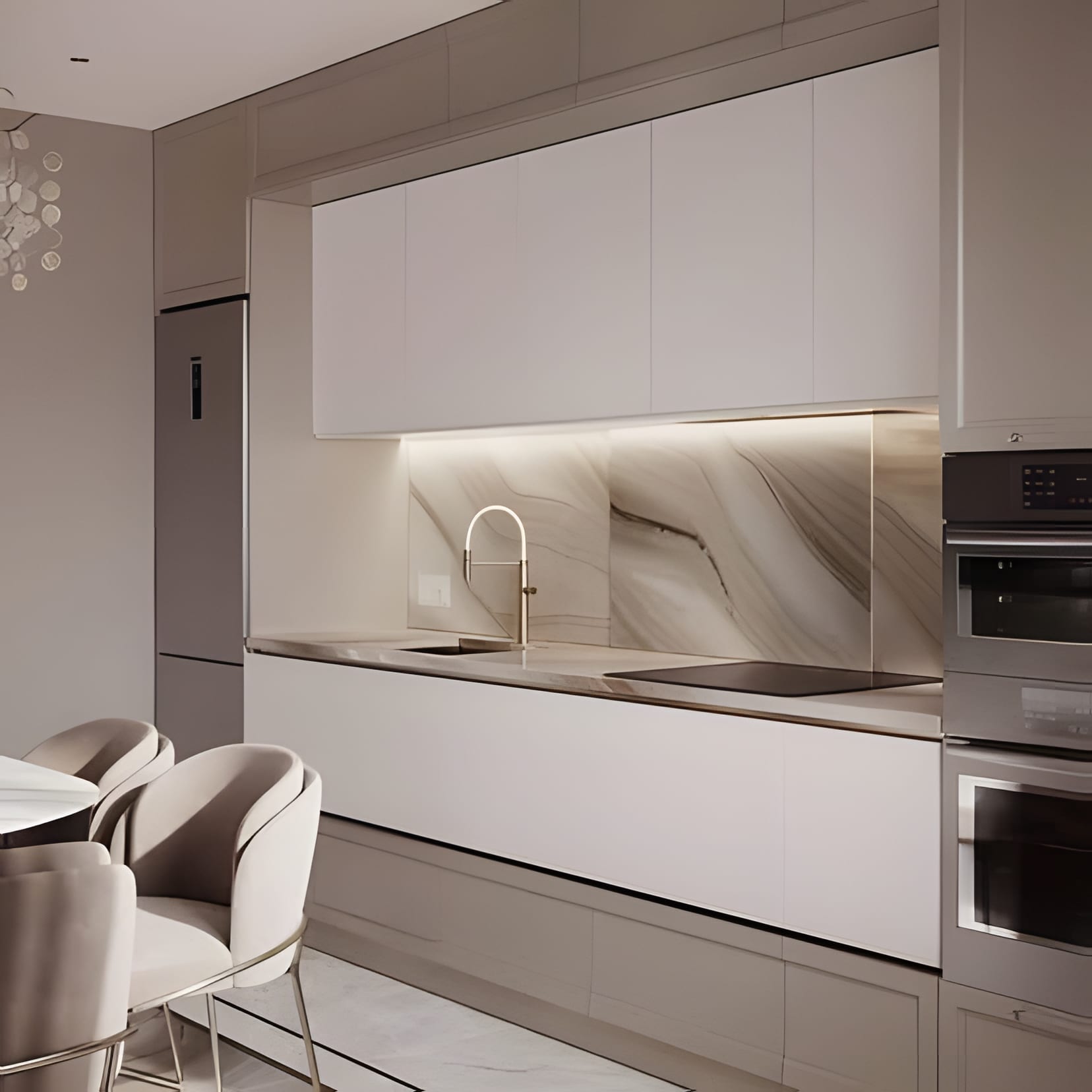 Greige handleless cabinetry with a lit stone backsplash, dining chairs at the counter's end.