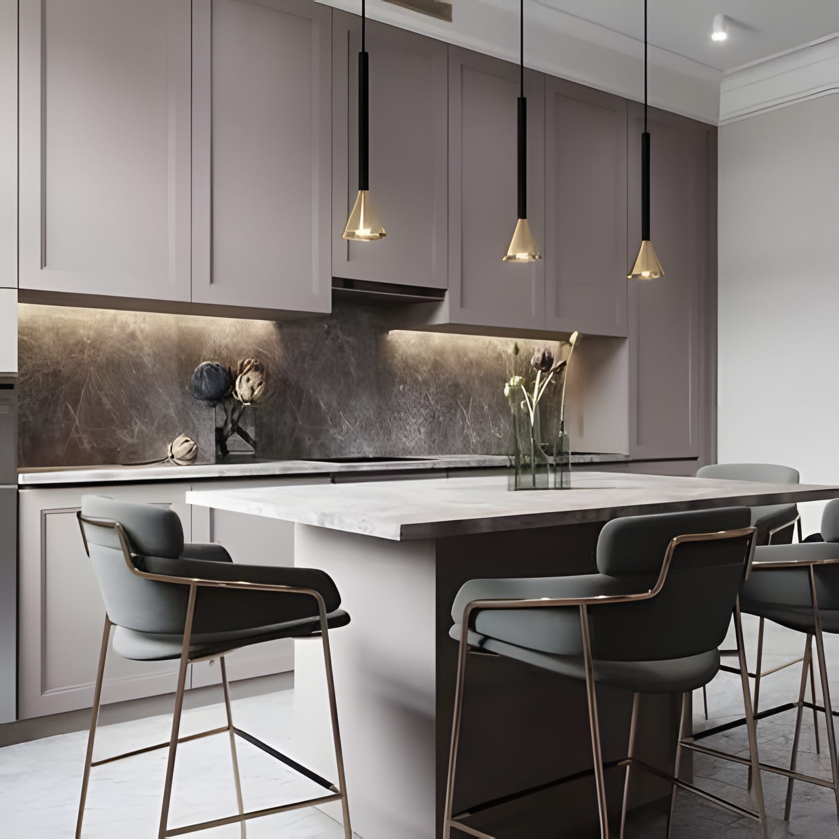 Grey shaker uppers over a charcoal stone backsplash, an island with dark upholstered chairs.