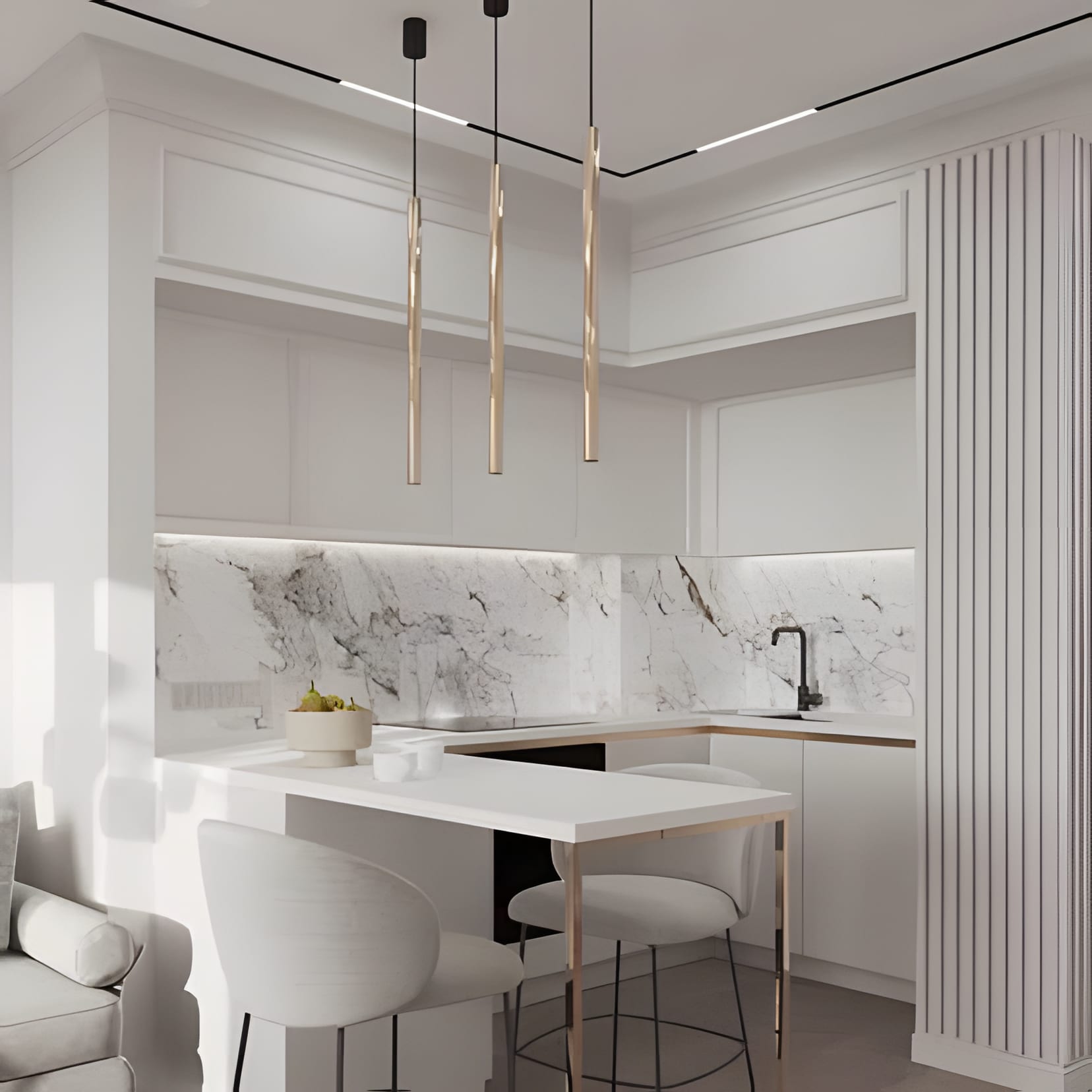 A white counter bar with a marble splash and three gold drop pendants, sofa within reach.