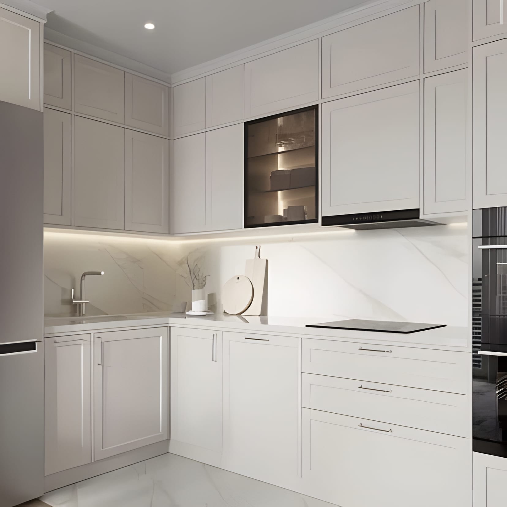 A white shaker L-shaped kitchen with one glass upper and warm evening light.