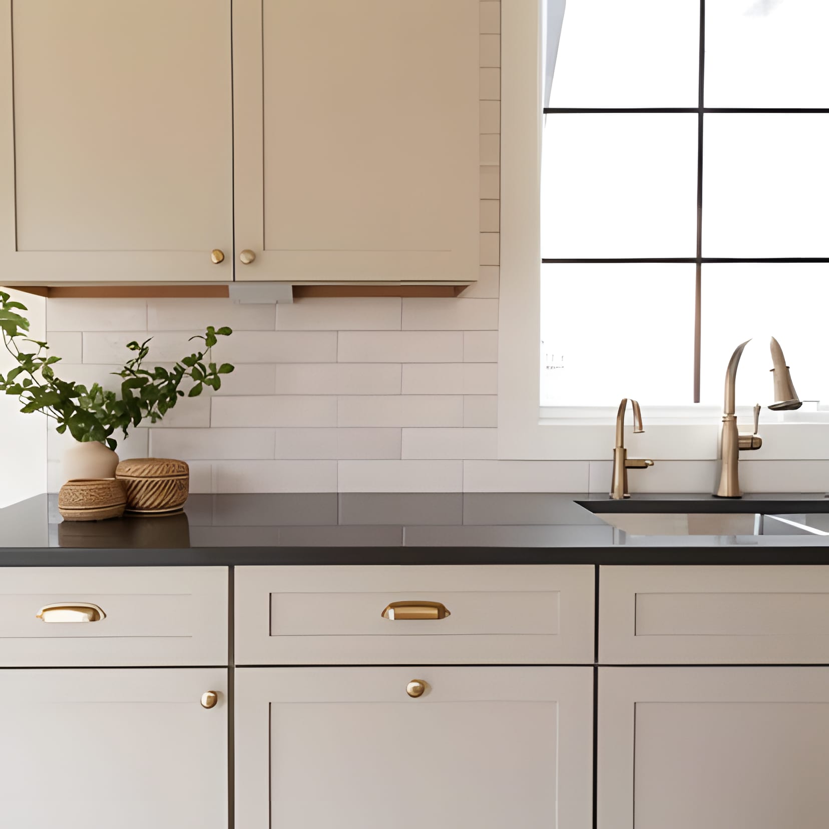 Cream shaker cabinetry with a black counter and brass pulls, a tall window keeping it bright.