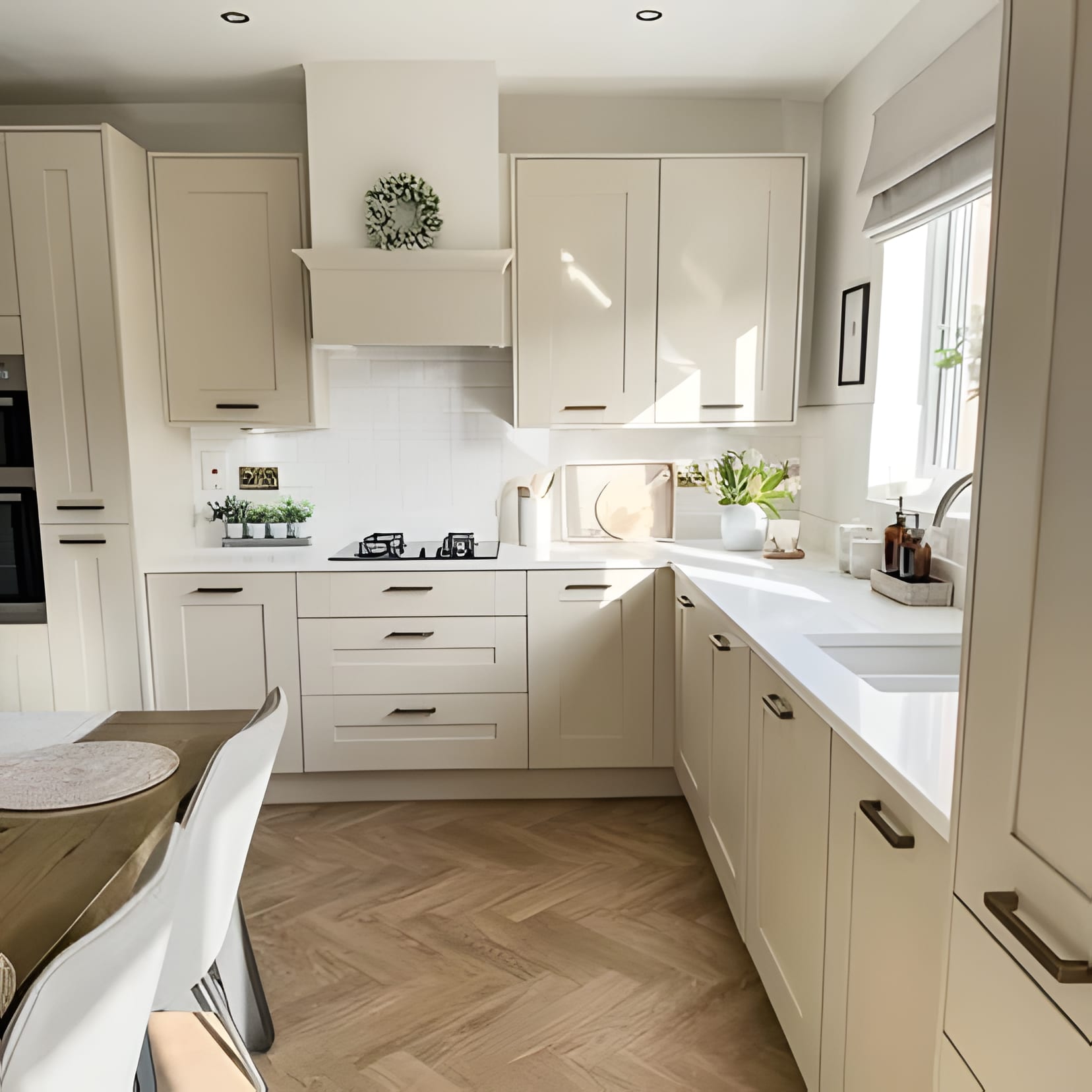 A cream shaker kitchen over herringbone oak, subway tile catching the morning sun.