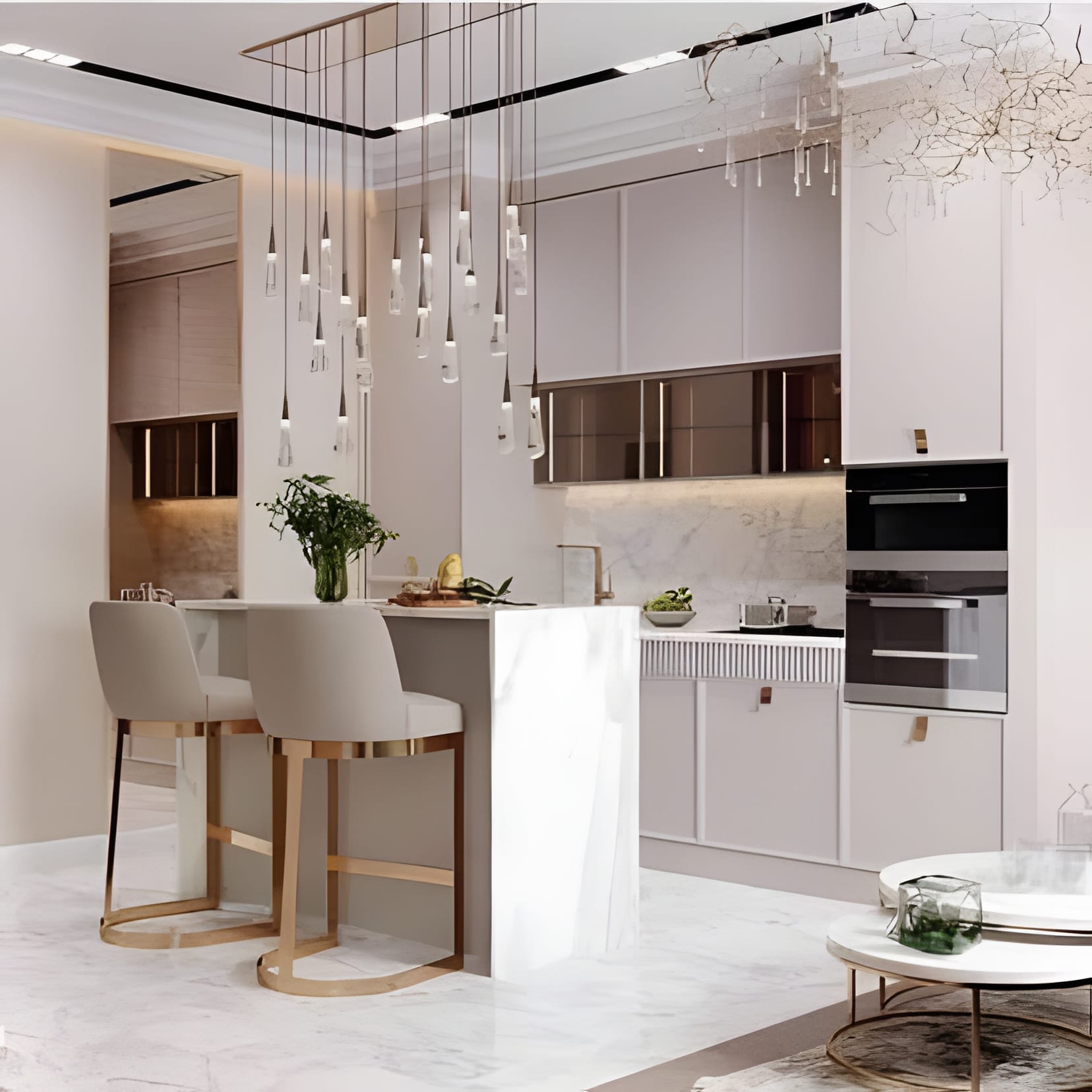 A white kitchen bar under a cascade of hair-thin crystal pendants.